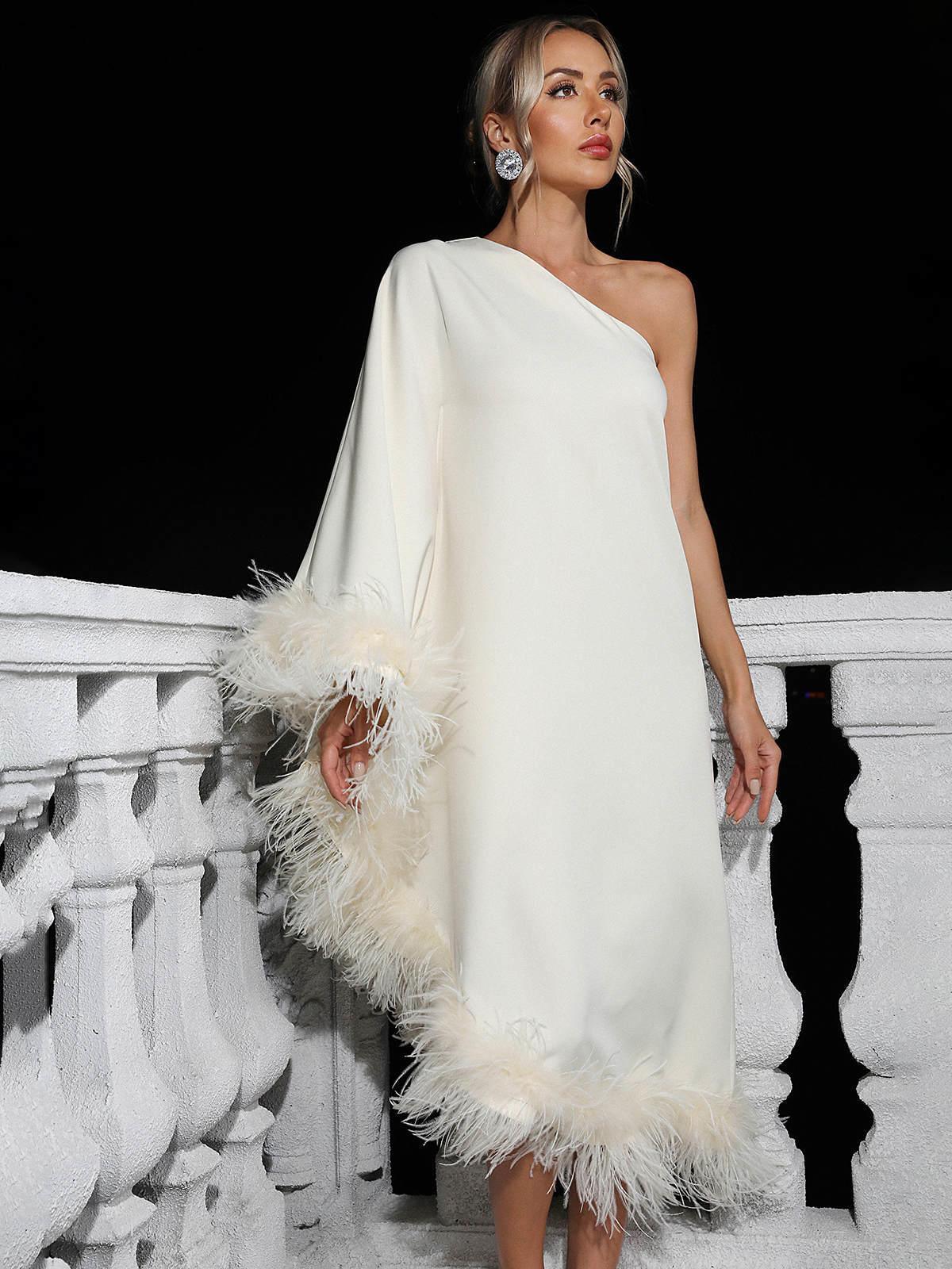 Ceridwen One Shoulder Feather Trimmed Midi Dress in White, showcasing an elegant design with a beautiful asymmetrical hem.