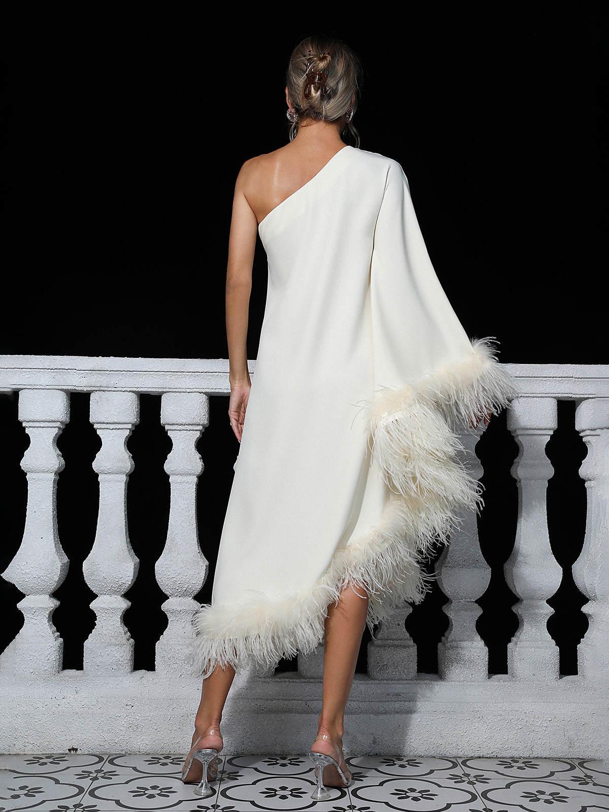 Ceridwen One Shoulder Feather Trimmed Midi Dress in White, showcasing an elegant design with a beautiful asymmetrical hem.