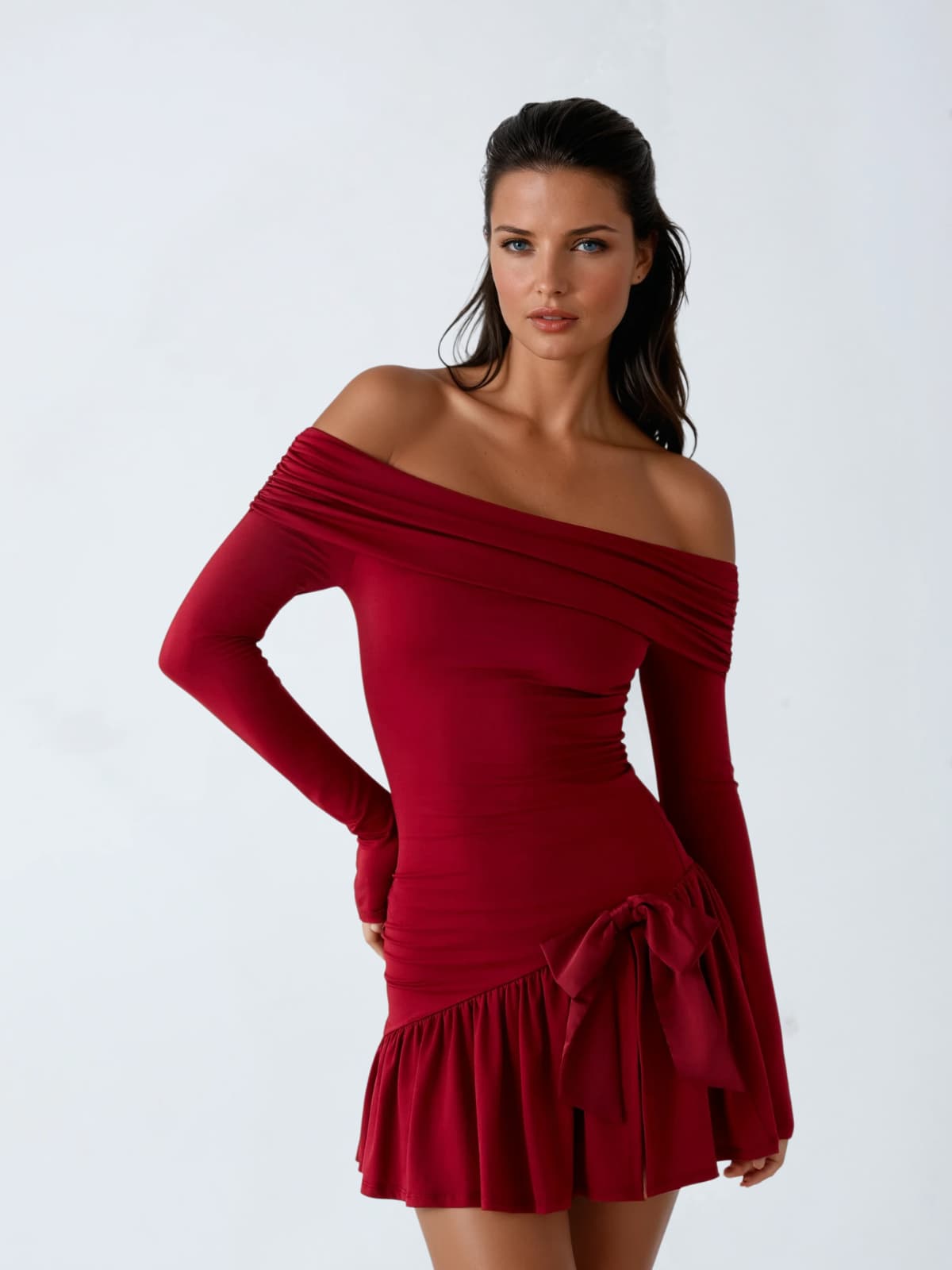 Cerulea Off Shoulder Bow Mini Dress