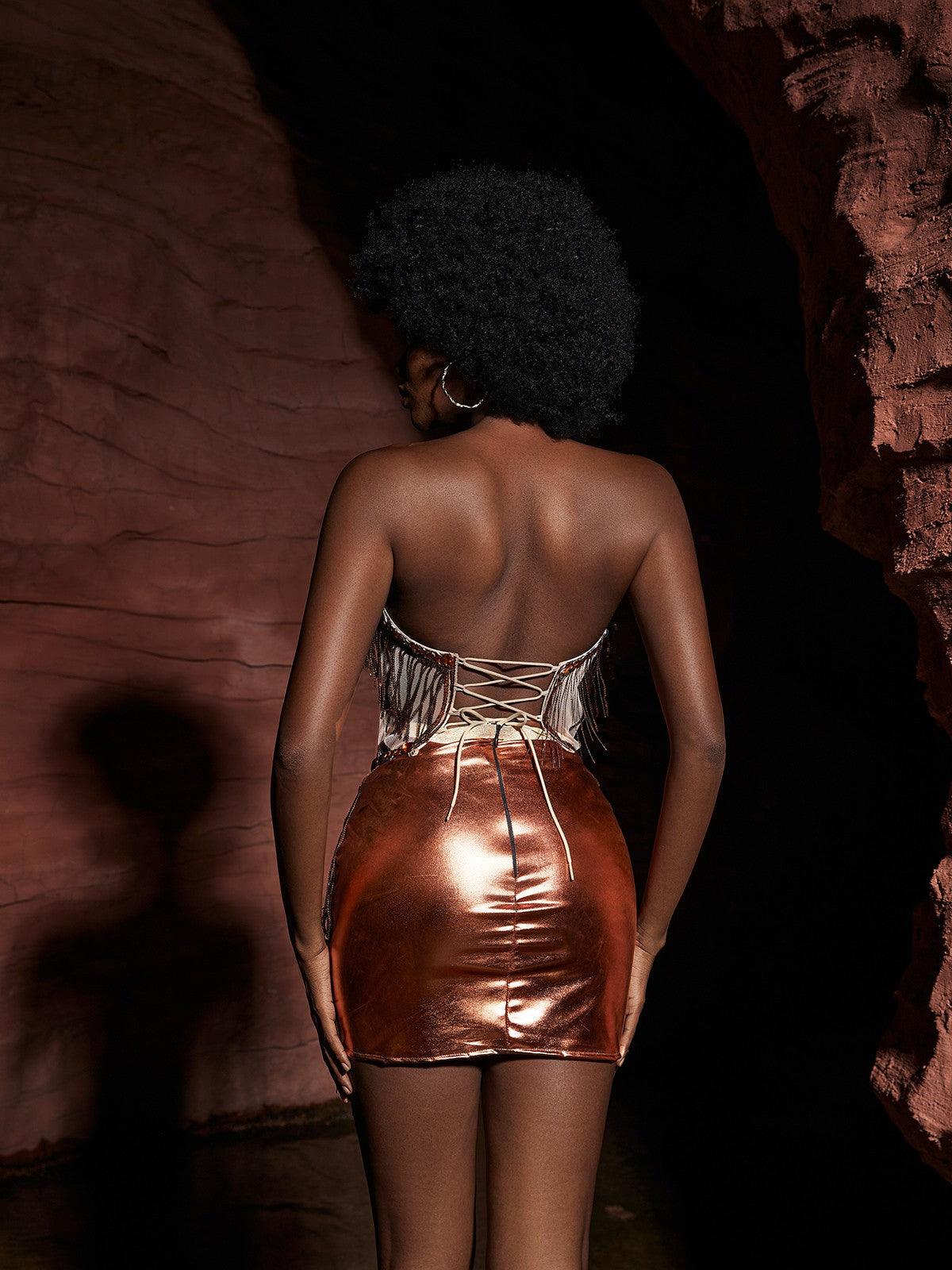 Chaim Crystal Fringe Skirt Set in Rosegold featuring a stylish embellished top and fringe skirt, ideal for special occasions.