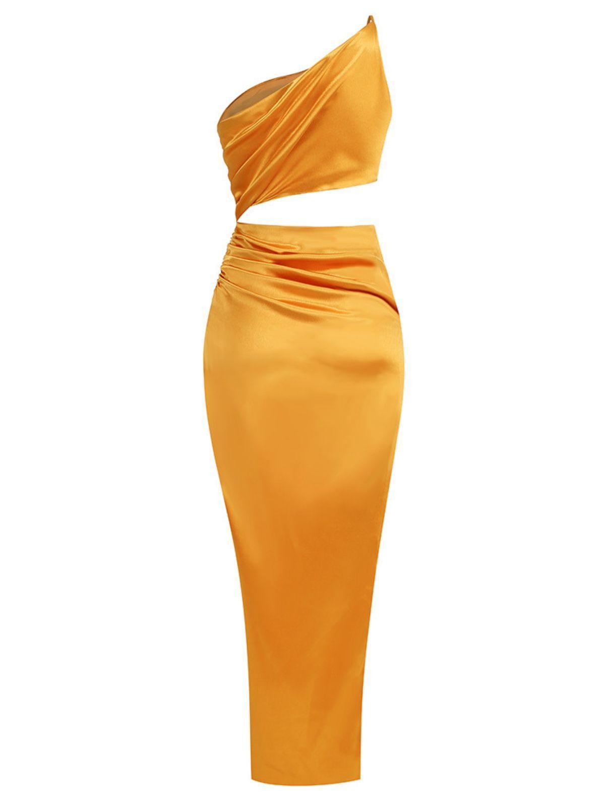Elegant gold one shoulder cutout maxi dress with a ruched waist and split skirt, perfect for special occasions.