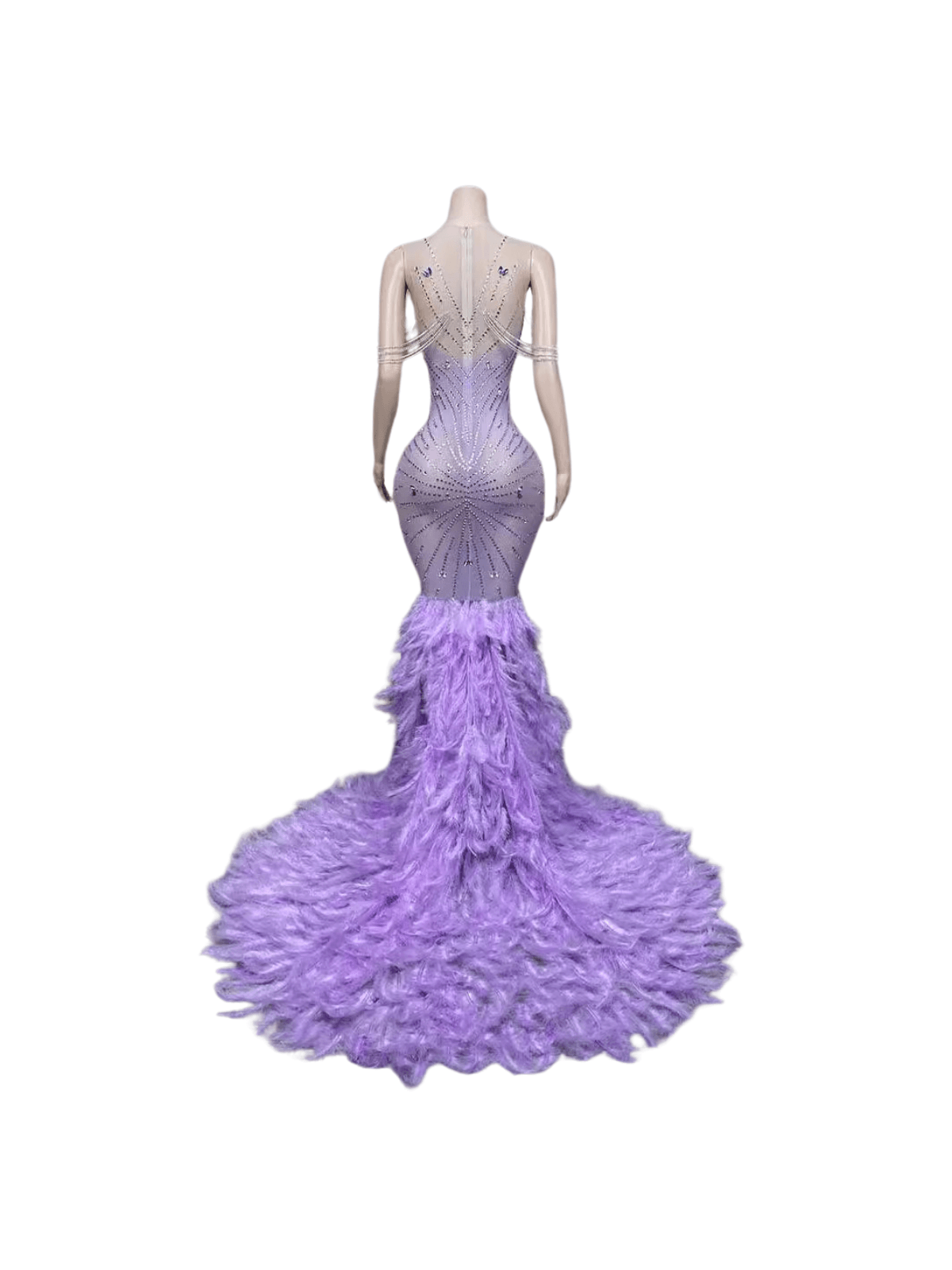Chaviv Rhinestone Feather Maxi Dress in purple, featuring elegant feather accents and shimmering rhinestones for a glamorous look.