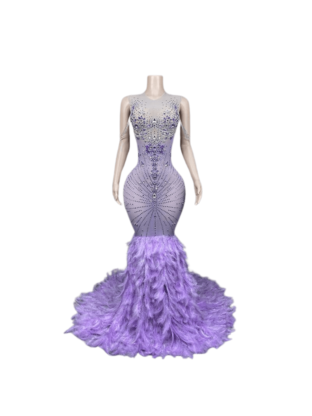 Chaviv Rhinestone Feather Maxi Dress in purple, featuring elegant feather accents and shimmering rhinestones for a glamorous look.
