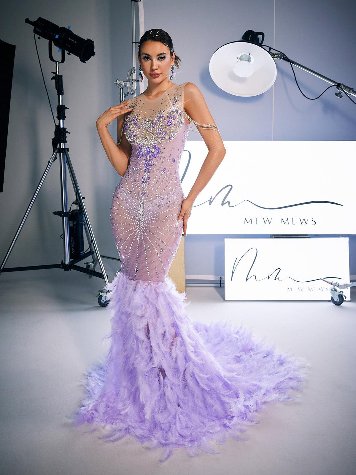Chaviv Rhinestone Feather Maxi Dress in purple, featuring elegant feather accents and shimmering rhinestones for a glamorous look.
