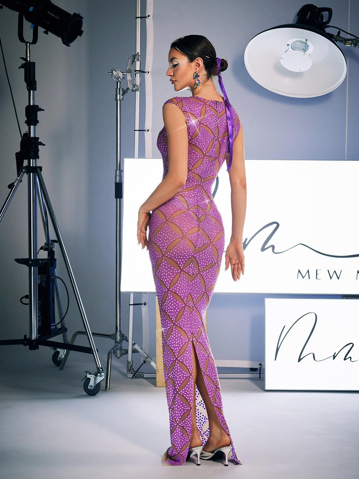 Cherish Sleeveless Crystal Maxi Dress in purple, embellished with crystals, perfect for prom and special events.