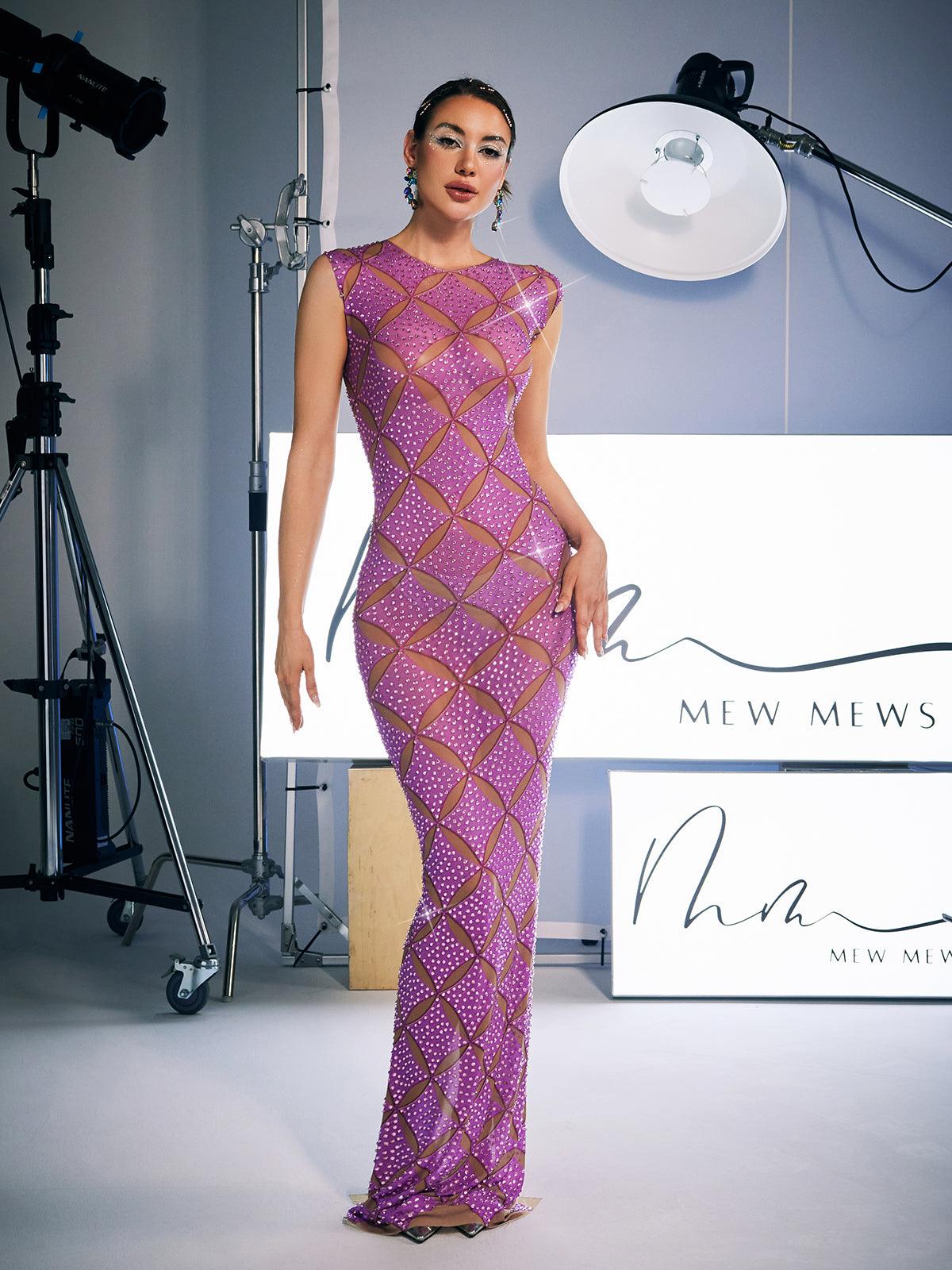 Cherish Sleeveless Crystal Maxi Dress in purple, embellished with crystals, perfect for prom and special events.