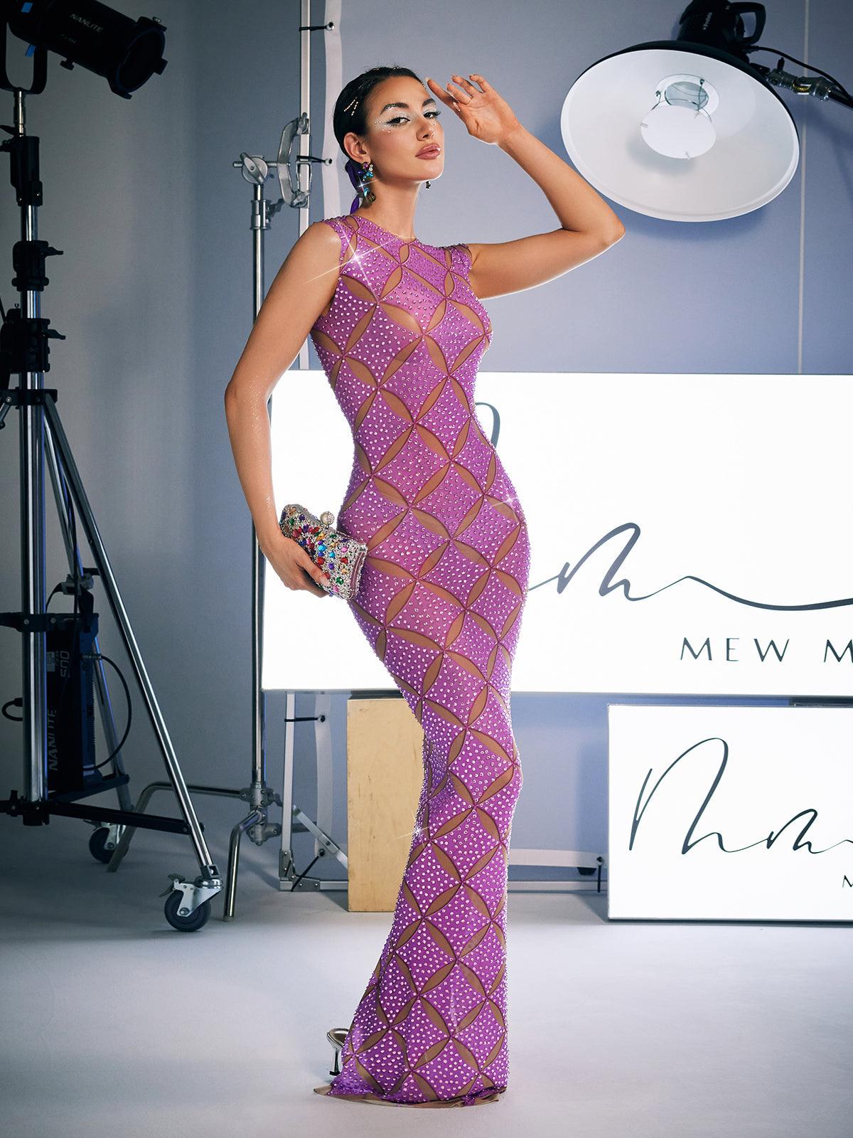 Cherish Sleeveless Crystal Maxi Dress in purple, embellished with crystals, perfect for prom and special events.