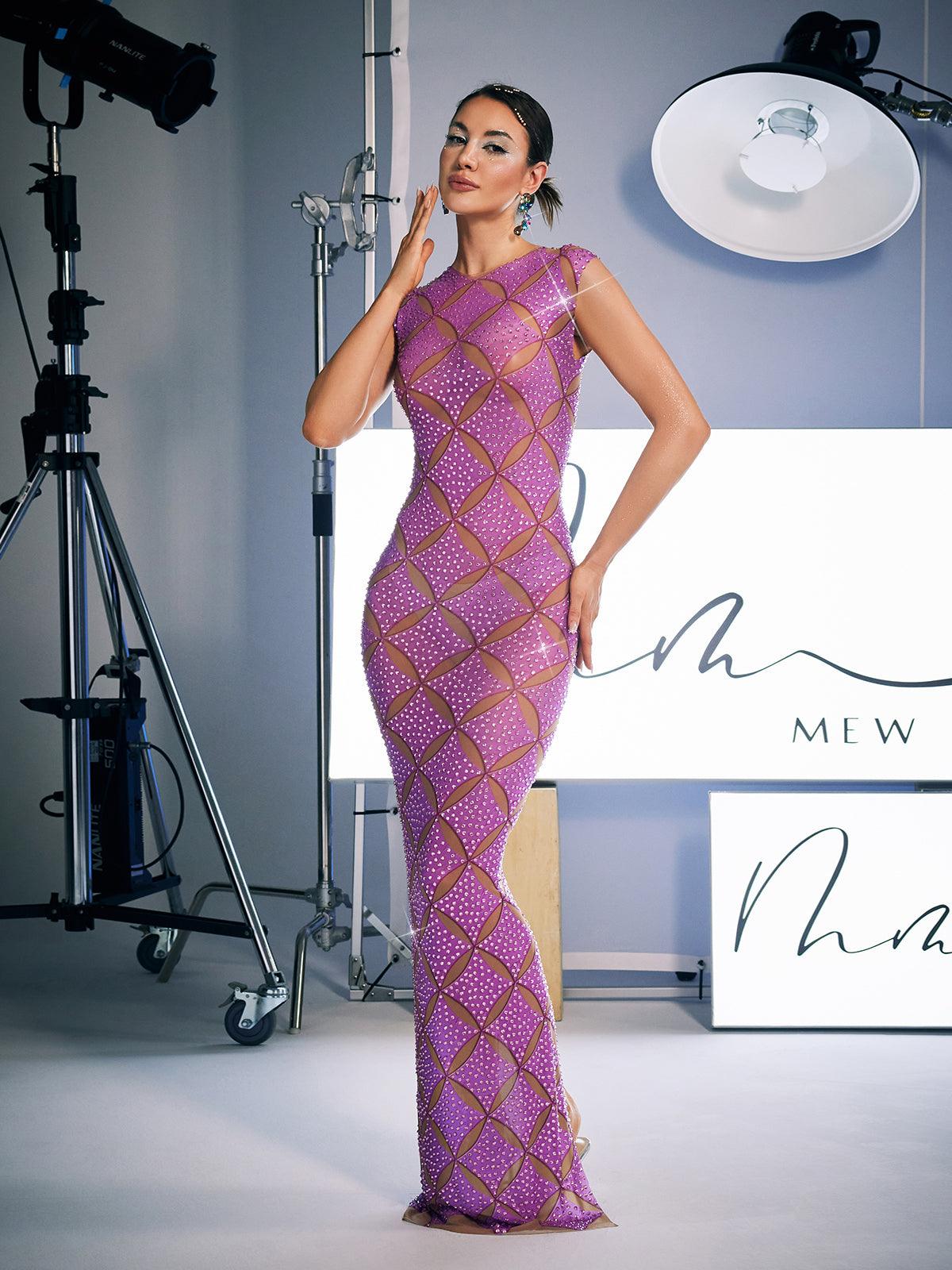 Cherish Sleeveless Crystal Maxi Dress in purple, embellished with crystals, perfect for prom and special events.