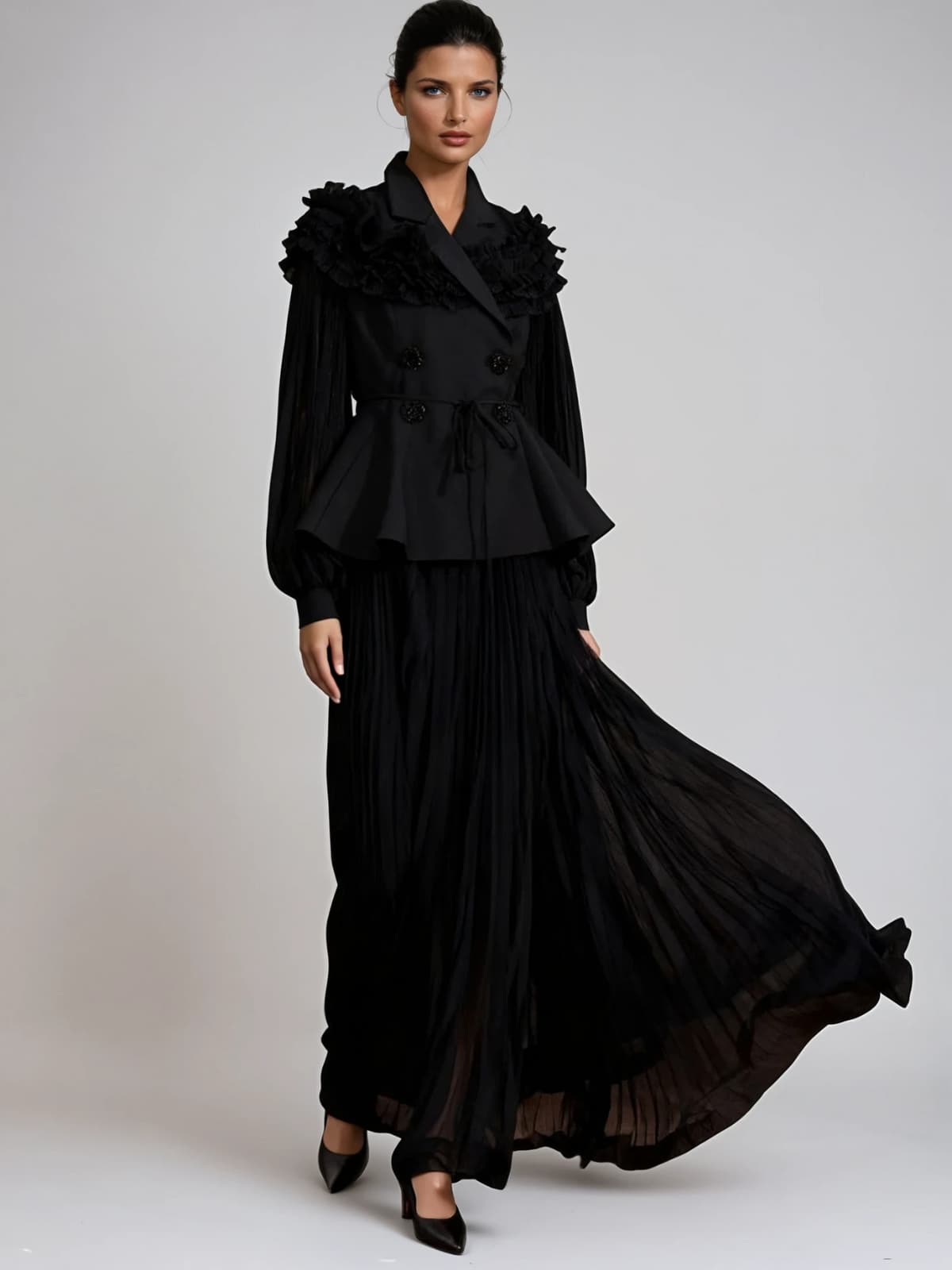 Chryseos Folded Collar Pleated Skirt Set