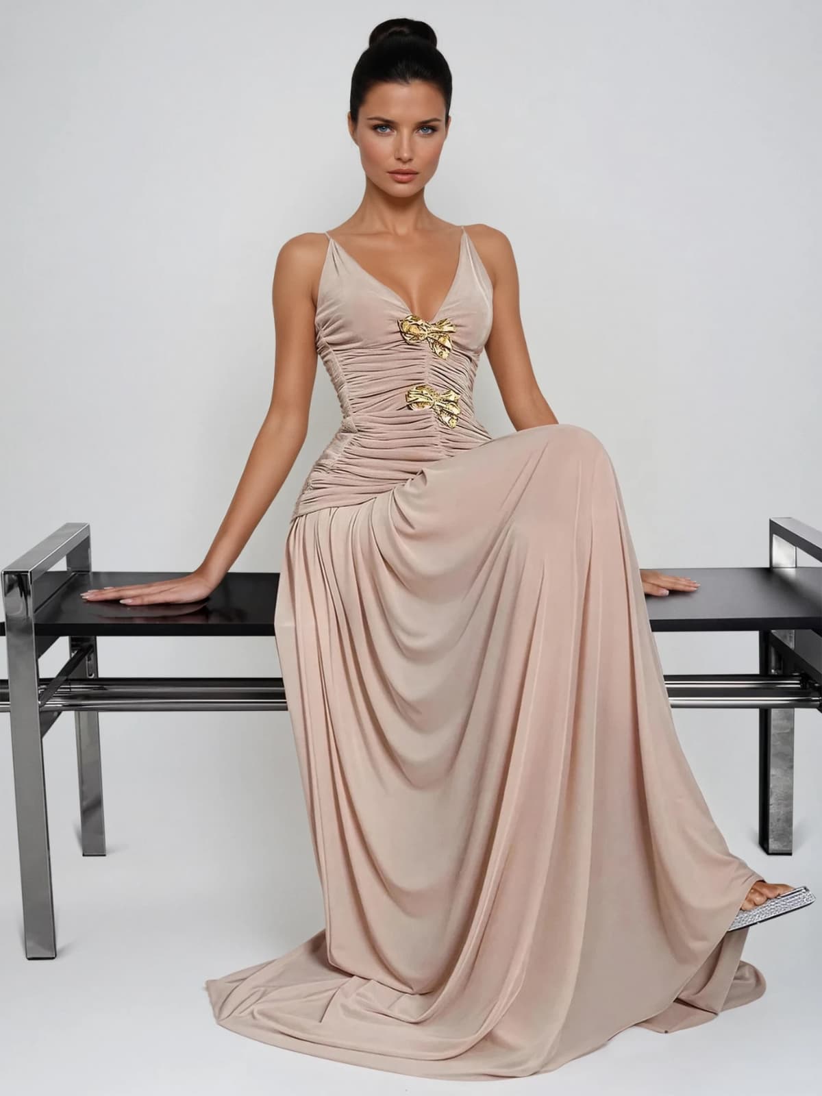 Cinderon V Neck Ruched Skirt Set