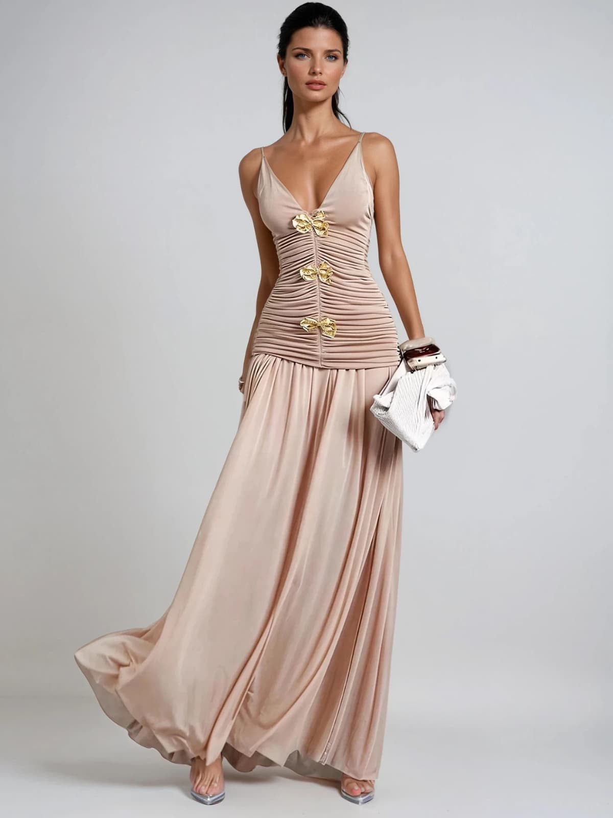 Cinderon V Neck Ruched Skirt Set