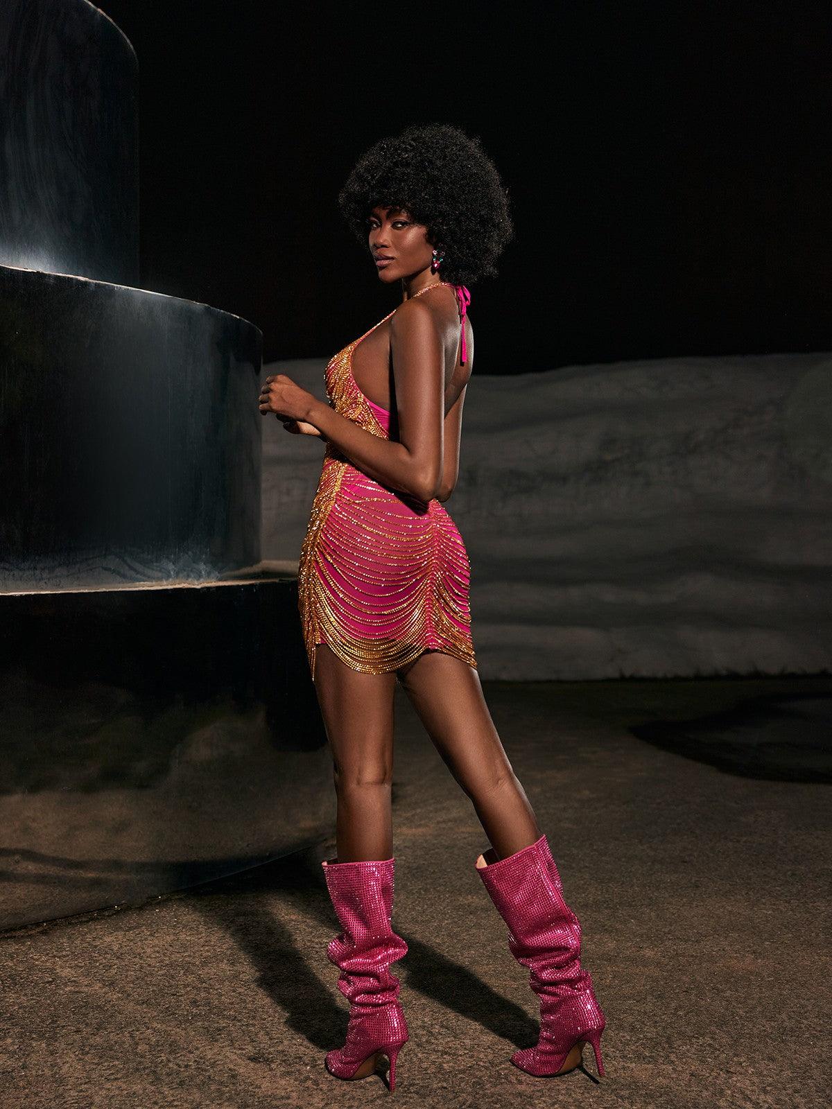 Cinzia Halterneck Diamond Chain Mesh Mini Dress in vibrant hot pink, showcasing a stylish backless design and trendy embellishments.