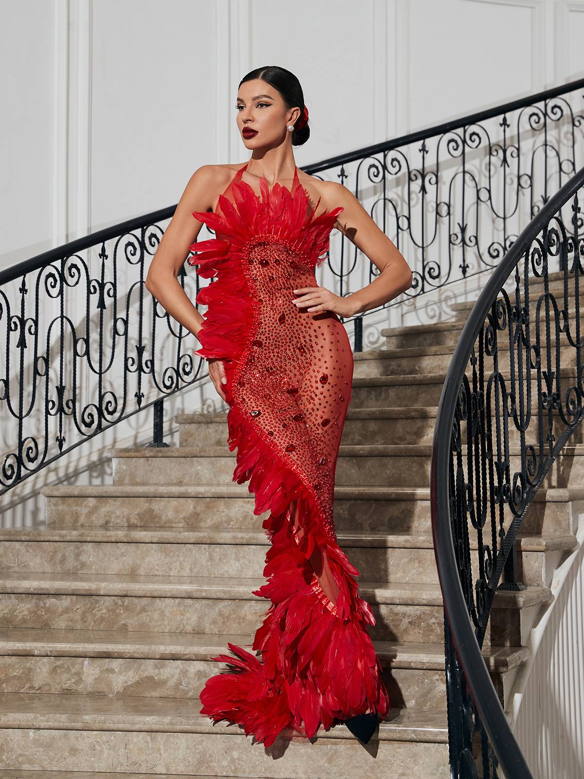 Circe Embellished Mesh Feather Maxi Dress in vibrant red, featuring stunning embellishments and feather details for a chic look.