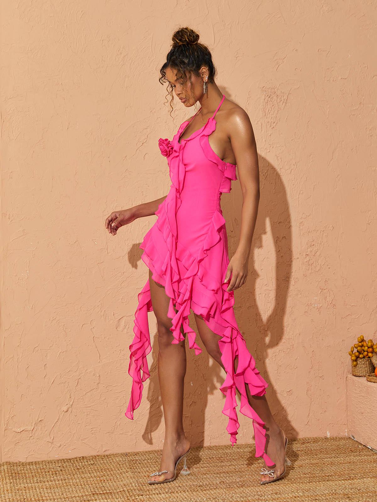Claire Plunge Mesh Mini Dress in hot pink, showcasing its stylish plunge neck design and lightweight fabric.