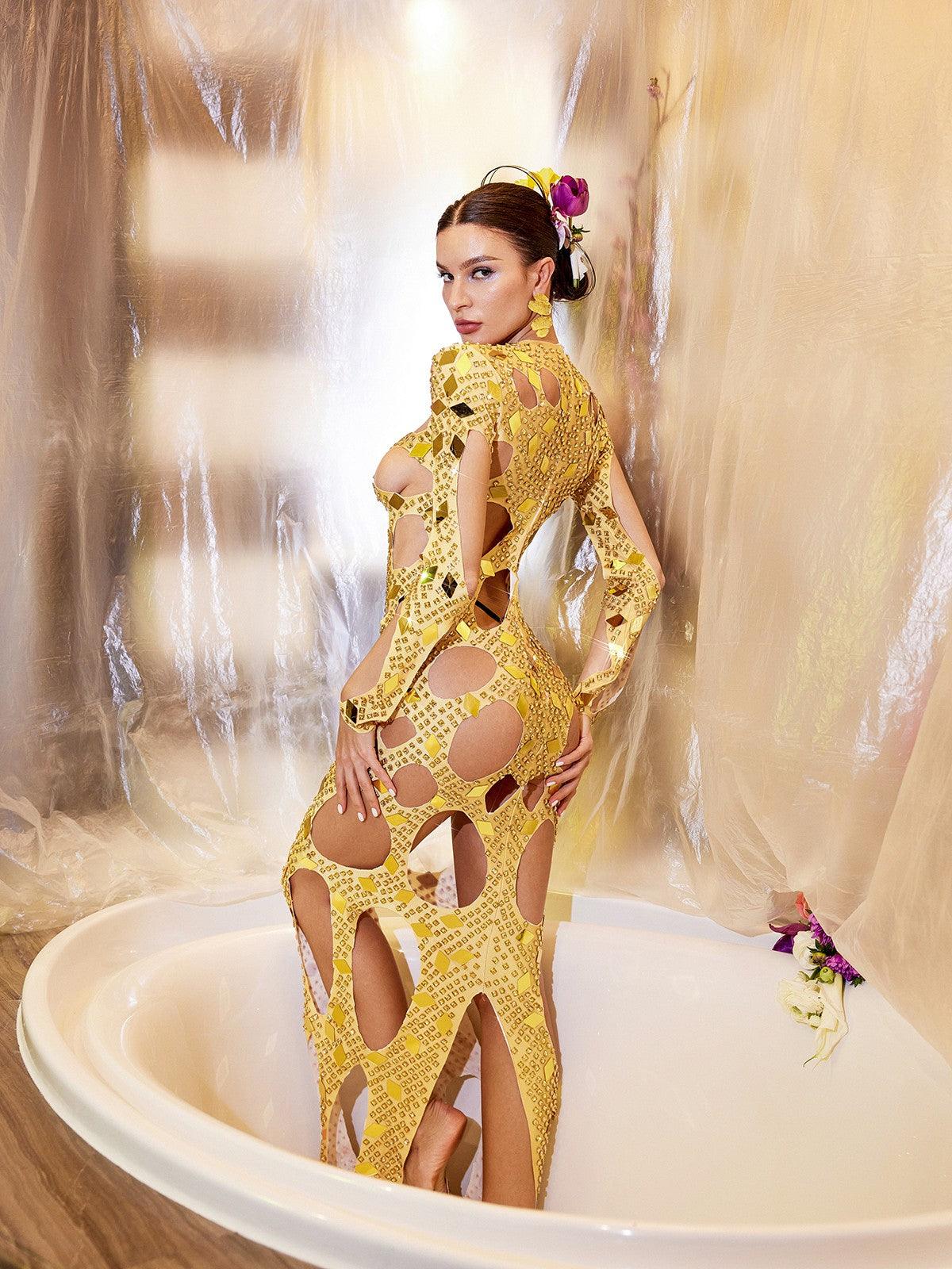 Cocona Square Hollow Embellished Dress in Gold, showcasing opulent fashion and intricate rhinestone details.