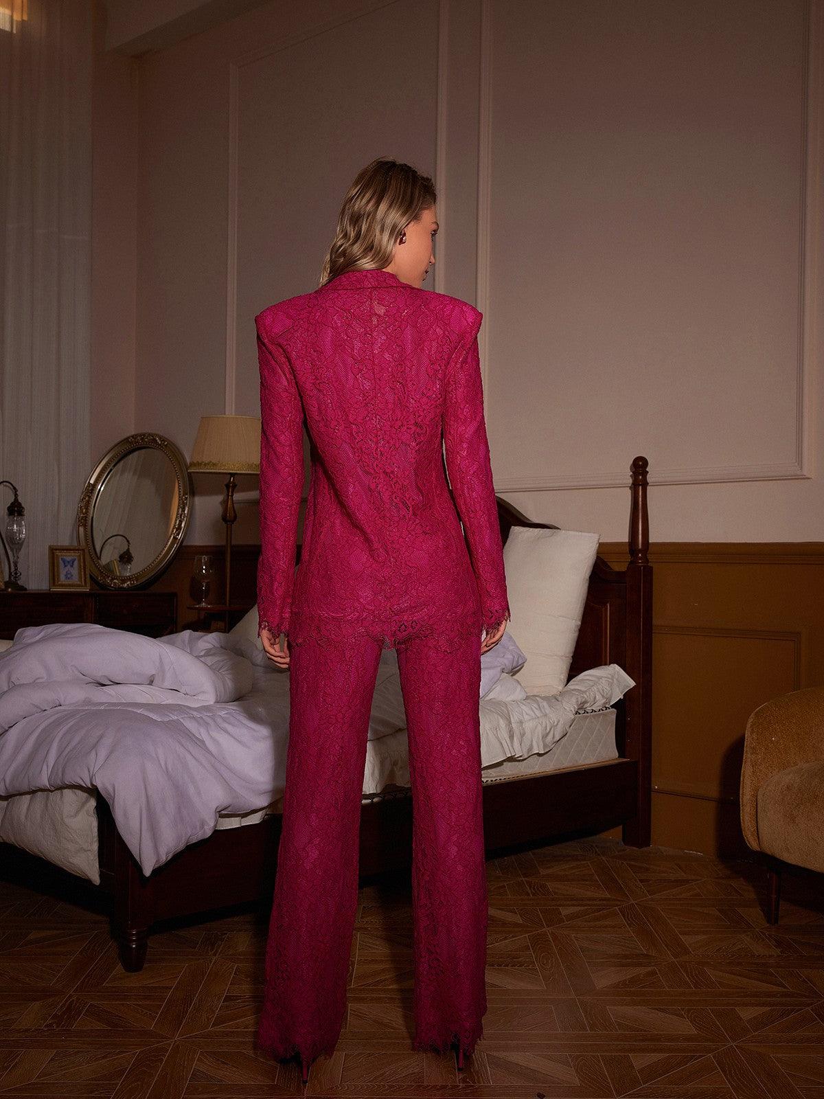 Connor Lace Blazer Set in pink, showcasing intricate detailing and sophisticated design for elegant outfits.