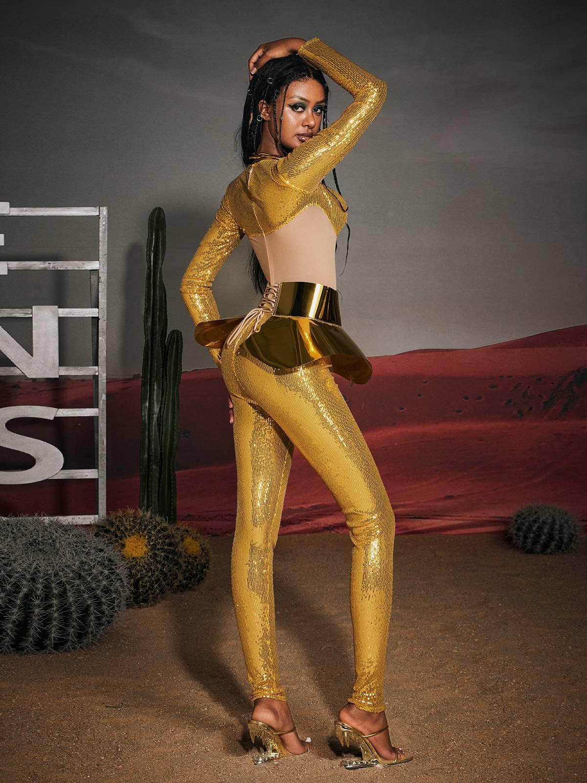 Corbin Sequin Jumpsuit with Waistband, perfect for festivals and parties, showcasing glamorous sequin detailing.