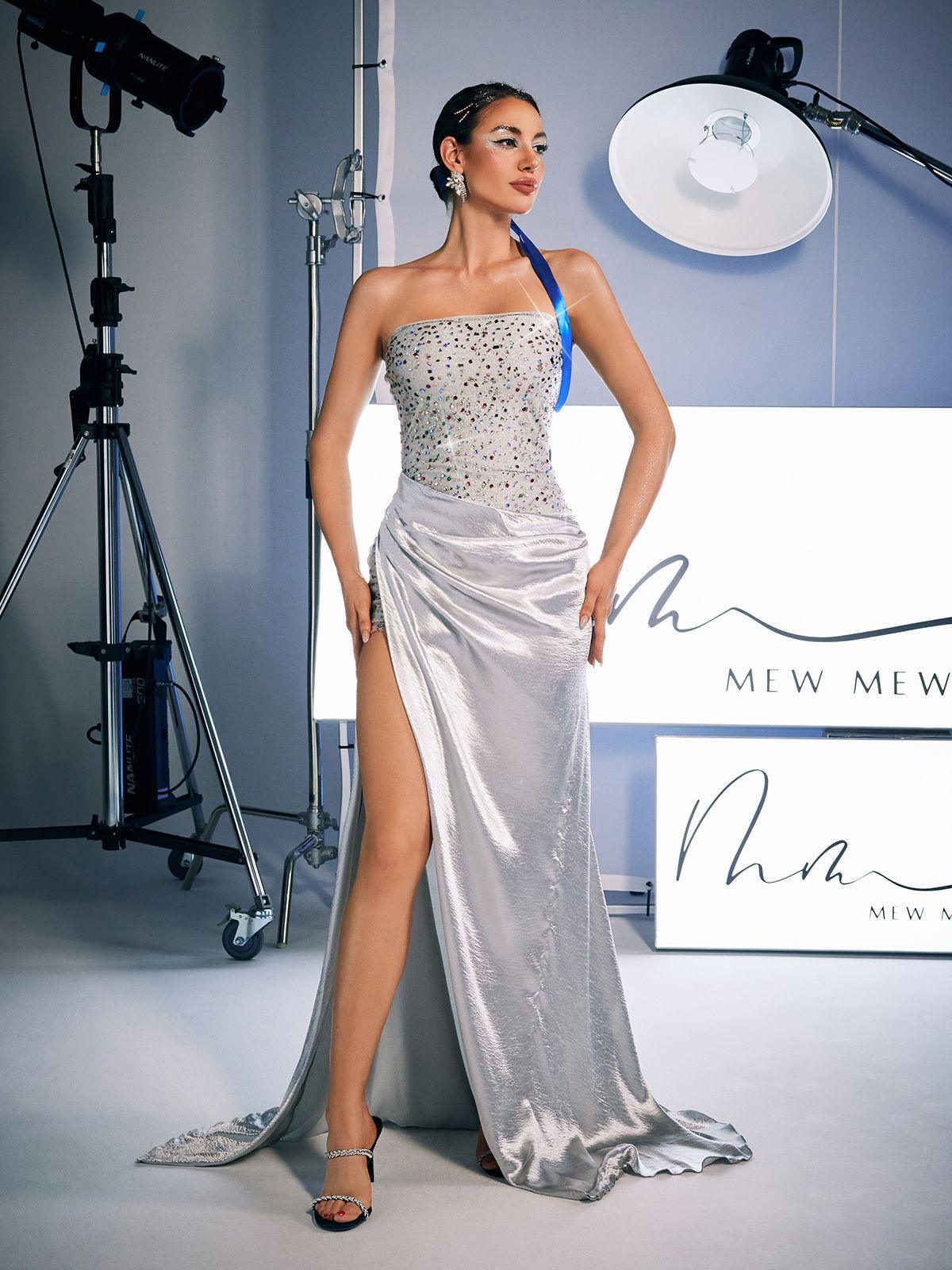 Corey Rhinestone Satin Maxi Dress in grey, featuring a strapless design and sparkling rhinestones for a glamorous look.
