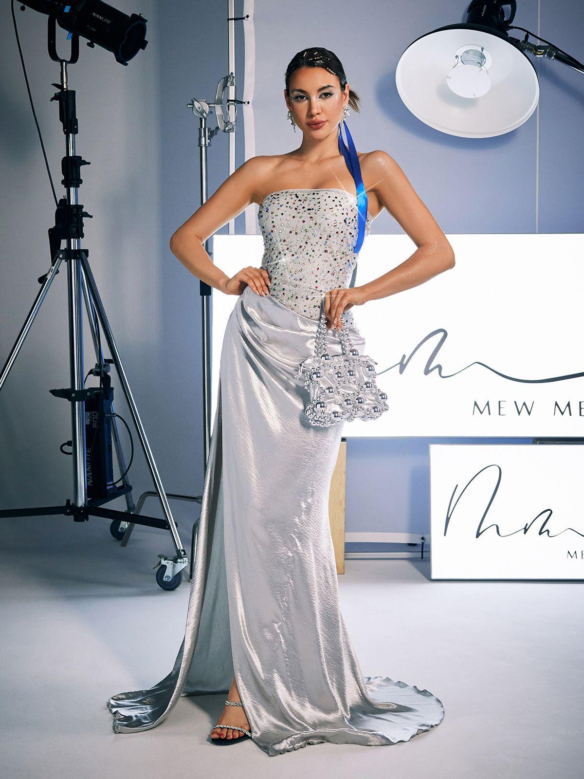Corey Rhinestone Satin Maxi Dress in grey, featuring a strapless design and sparkling rhinestones for a glamorous look.