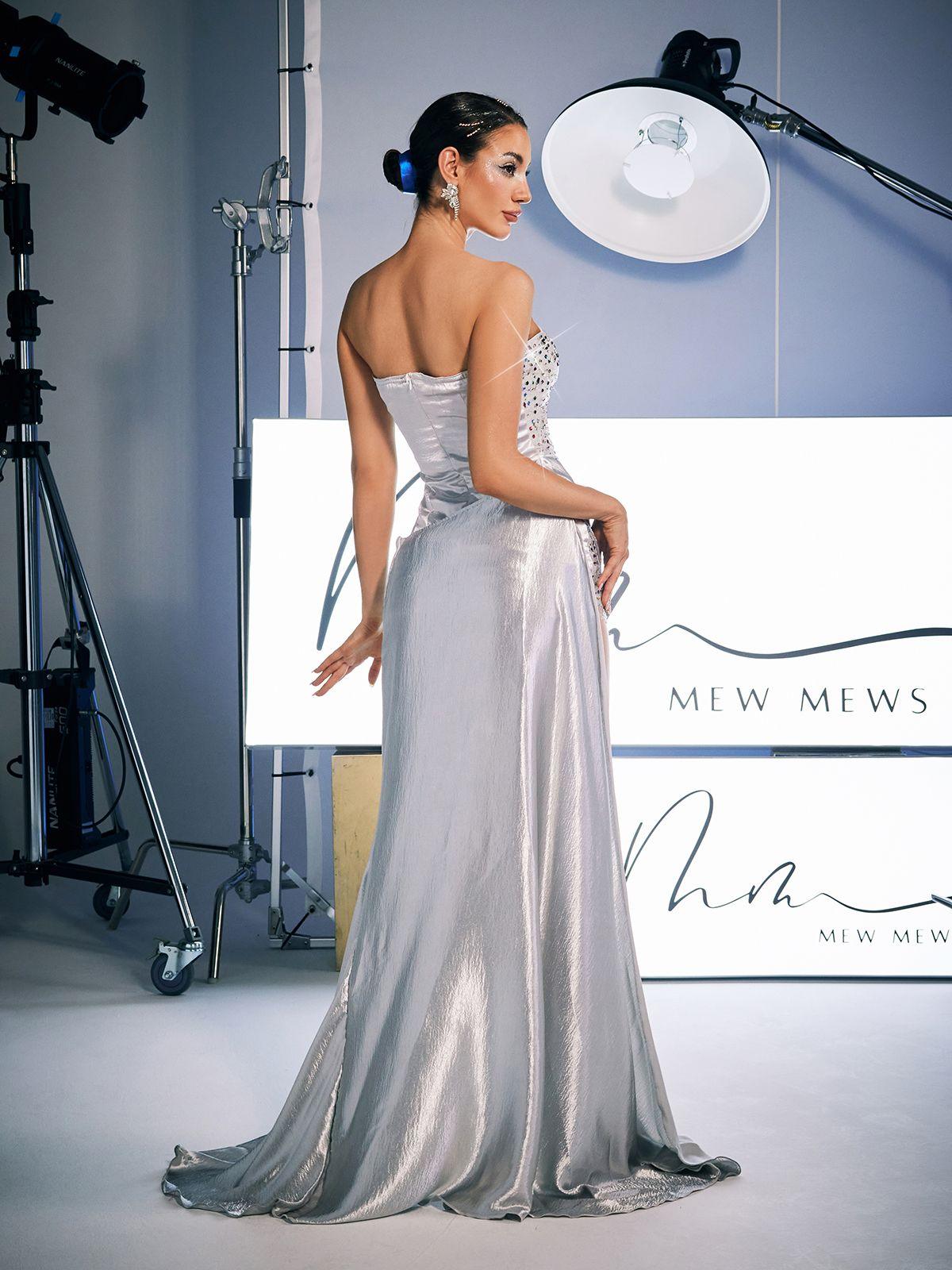 Corey Rhinestone Satin Maxi Dress in grey, featuring a strapless design and sparkling rhinestones for a glamorous look.