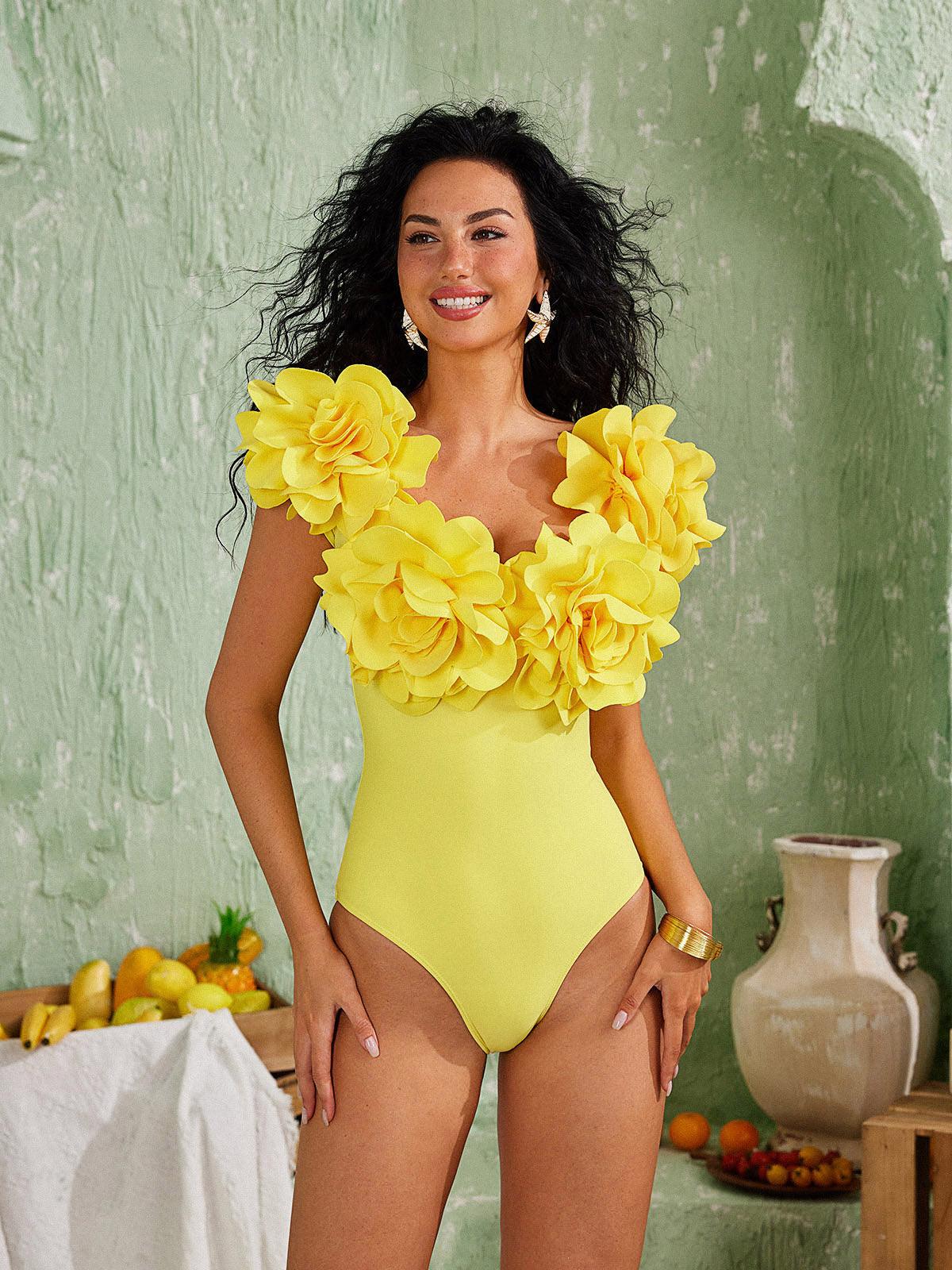 Cornelius Flower Two Piece Swimwear Set in vibrant yellow, perfect for summer beach outings.