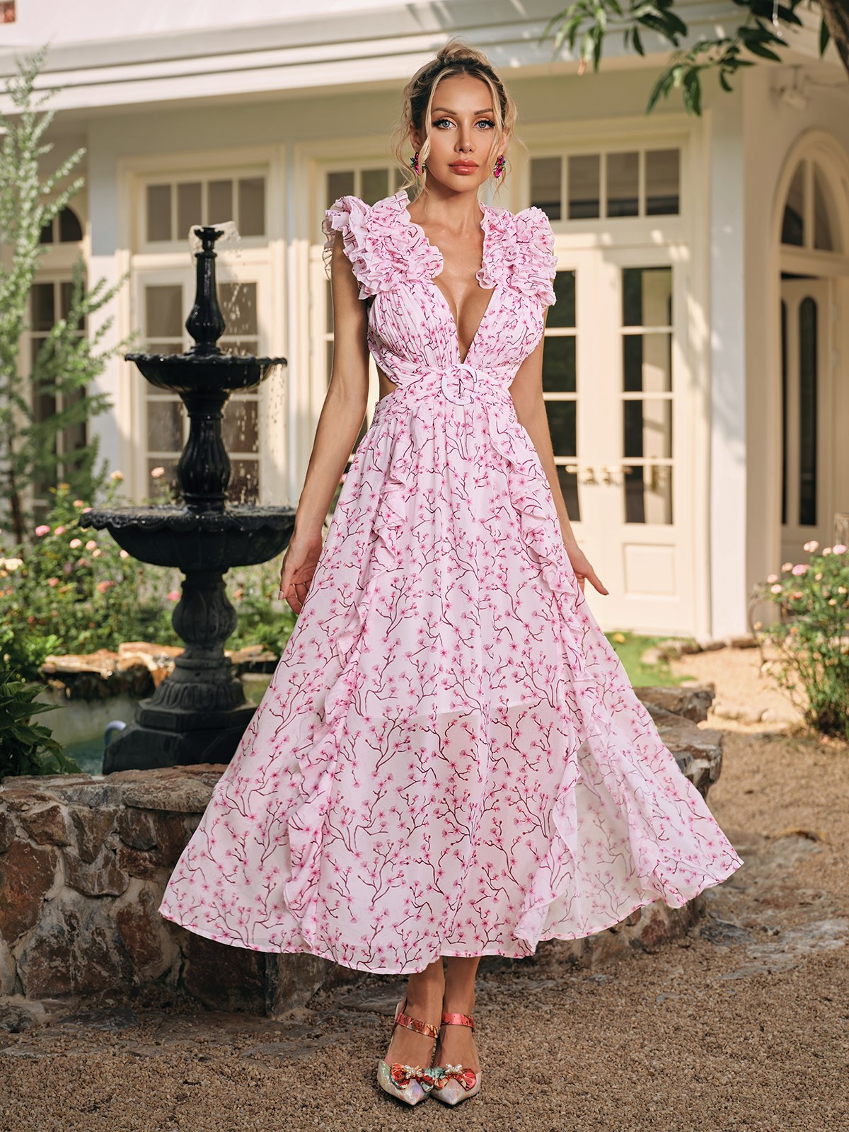 Corvex Plunge Neck Floral Maxi Dress