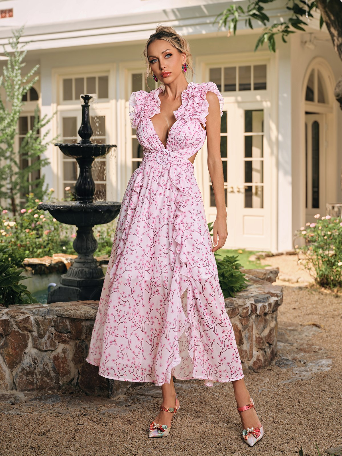 Corvex Plunge Neck Floral Maxi Dress