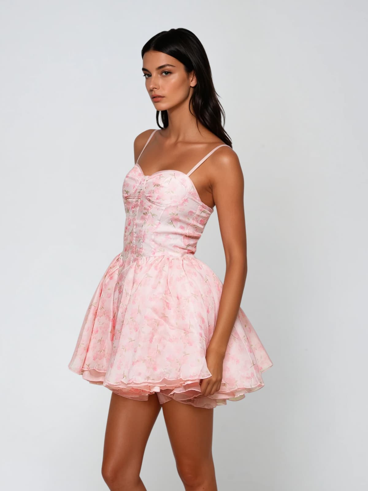 Corviel Spaghetti Floral Printed Ruffle Mini Dress