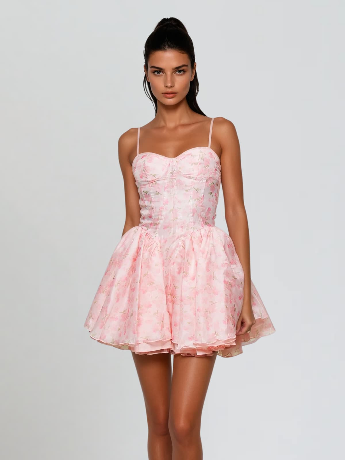 Corviel Spaghetti Floral Printed Ruffle Mini Dress