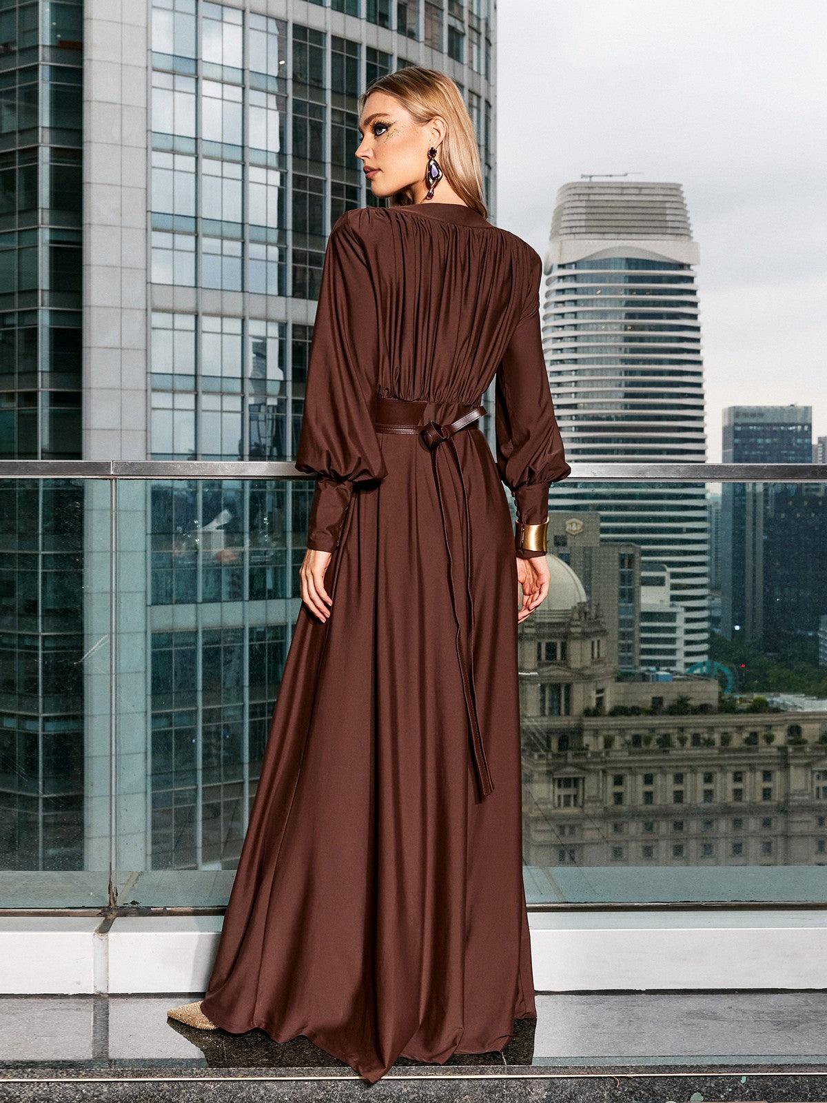 Cosmo V Neck Belted Maxi Dress in brown, perfect for weddings and cocktail parties, showcasing elegant design and sophistication.