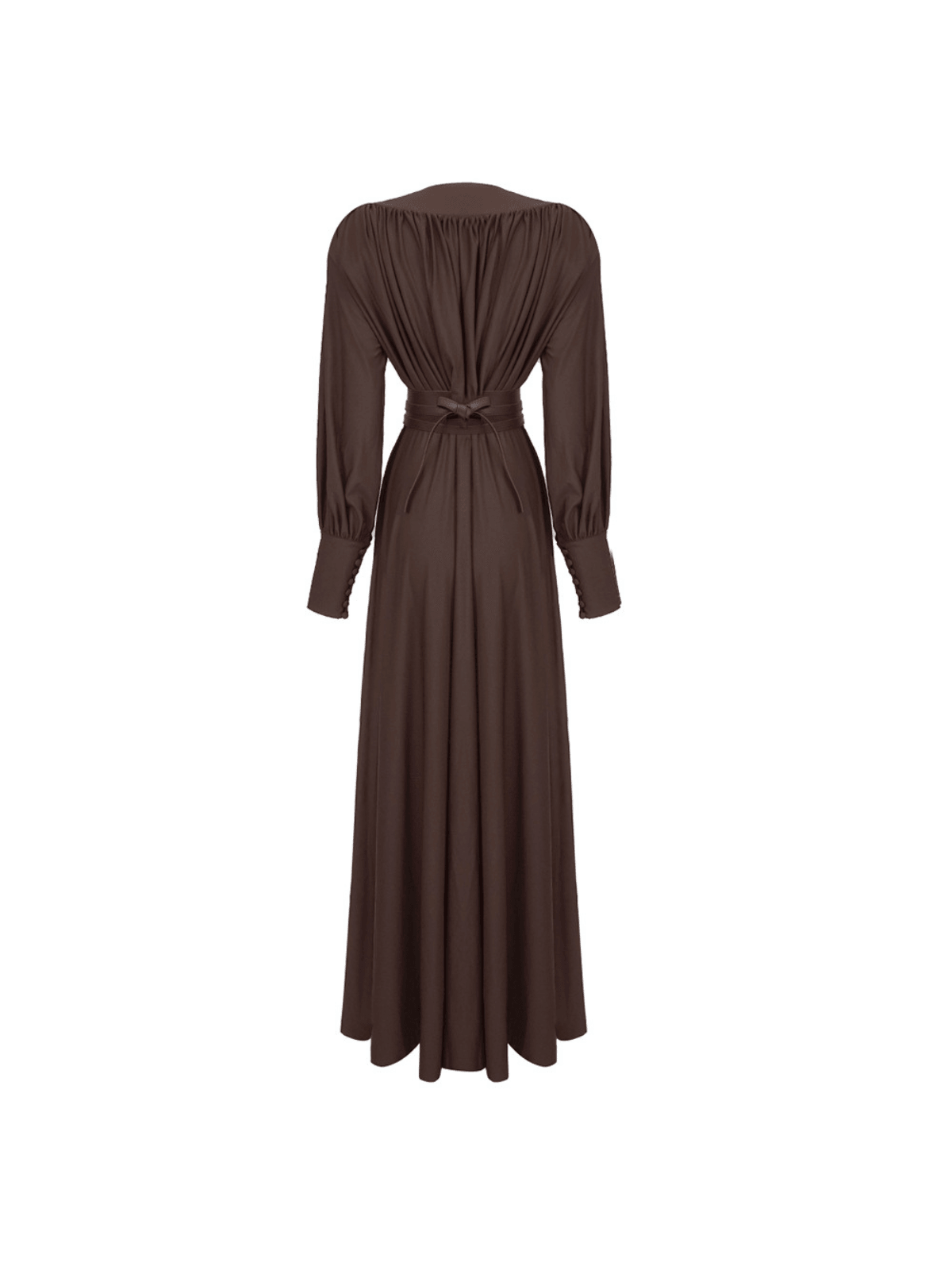 Cosmo V Neck Belted Maxi Dress in brown, perfect for weddings and cocktail parties, showcasing elegant design and sophistication.