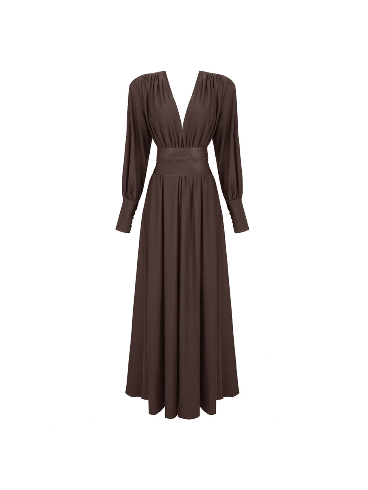 Cosmo V Neck Belted Maxi Dress in brown, perfect for weddings and cocktail parties, showcasing elegant design and sophistication.