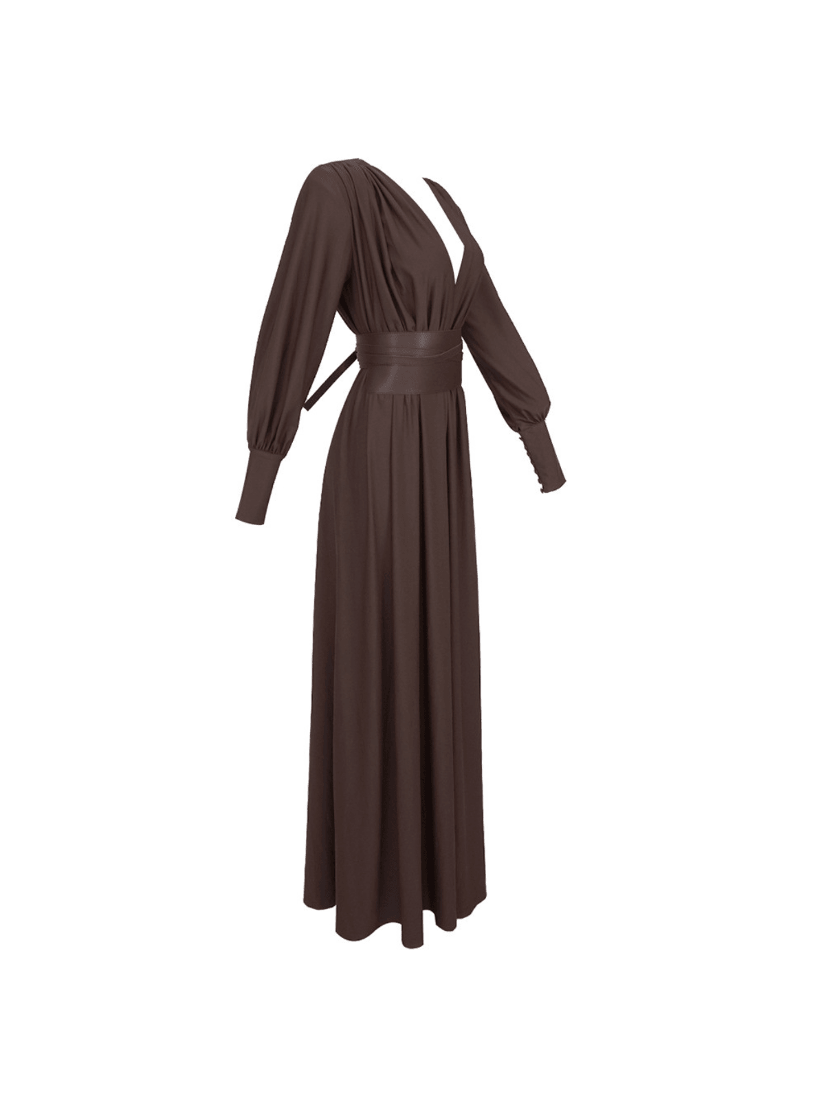 Cosmo V Neck Belted Maxi Dress in brown, perfect for weddings and cocktail parties, showcasing elegant design and sophistication.