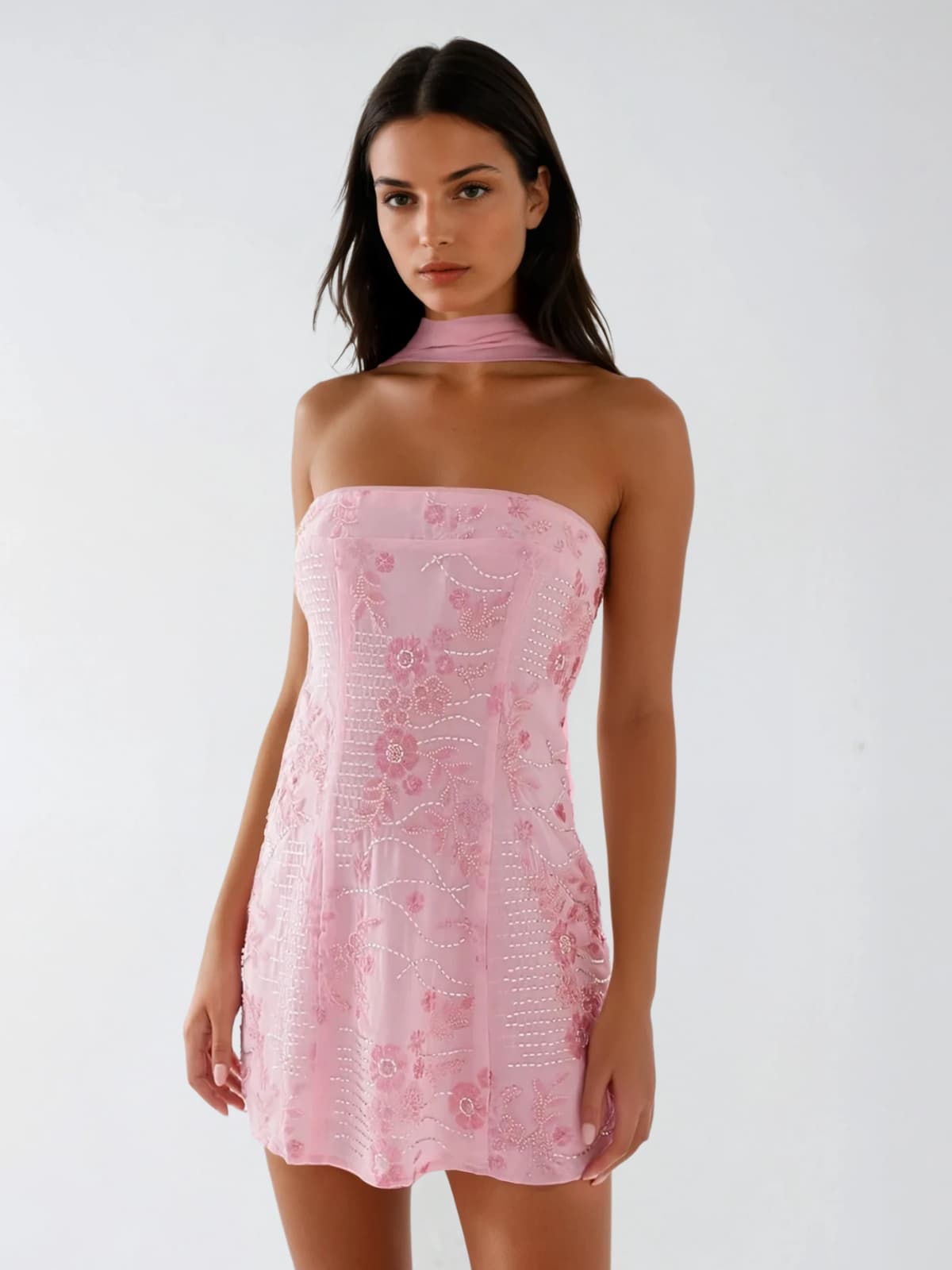 Cryon Floral Sequin Scarf Mini Dress
