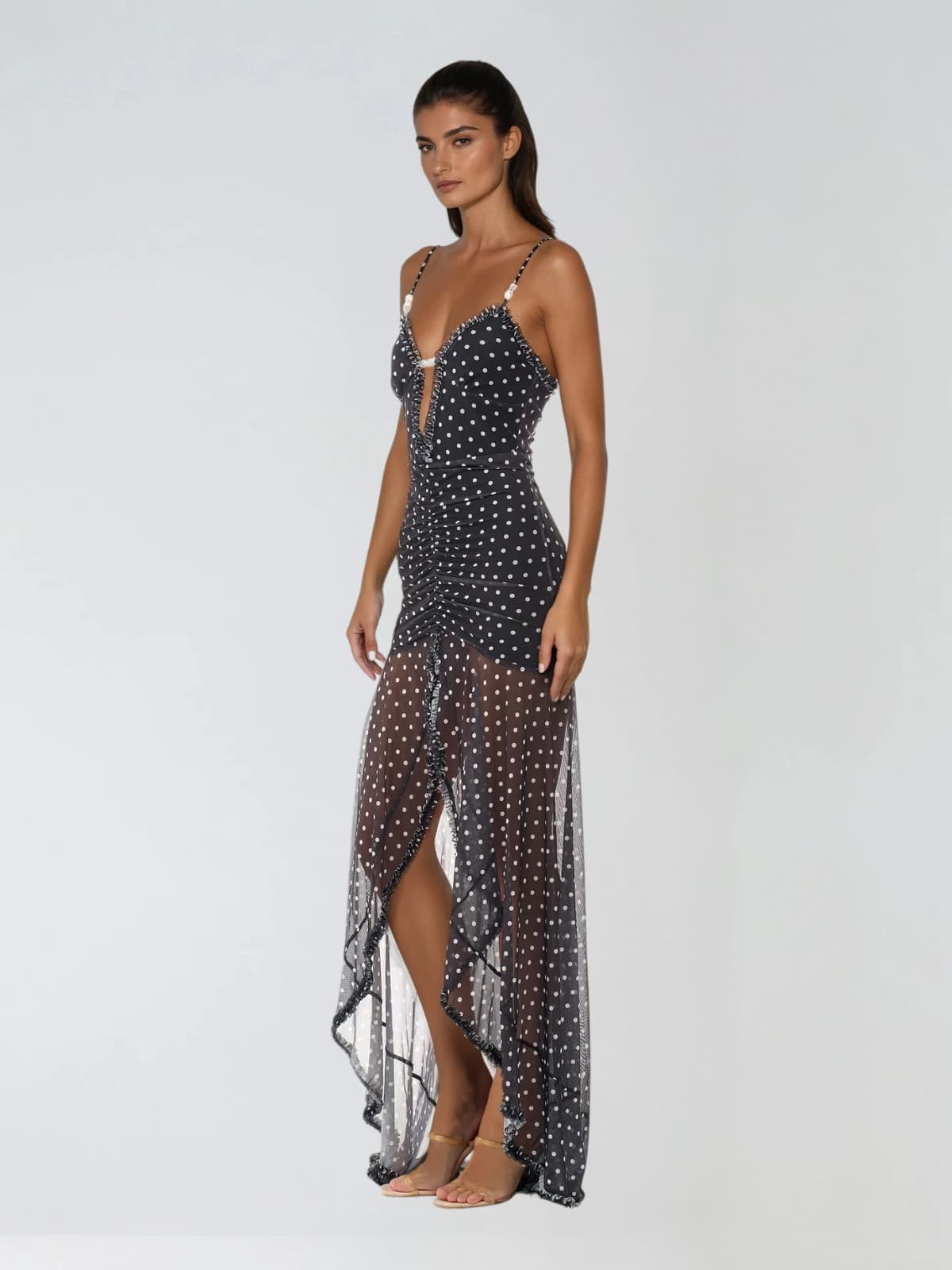 Cyalith Spaghetti Dot Split Maxi Dress