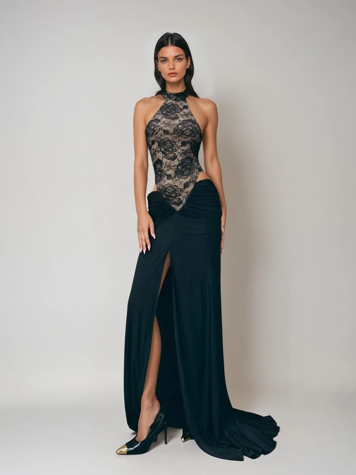 Cyane Halterneck Embroidered Flower Split Maxi Dress