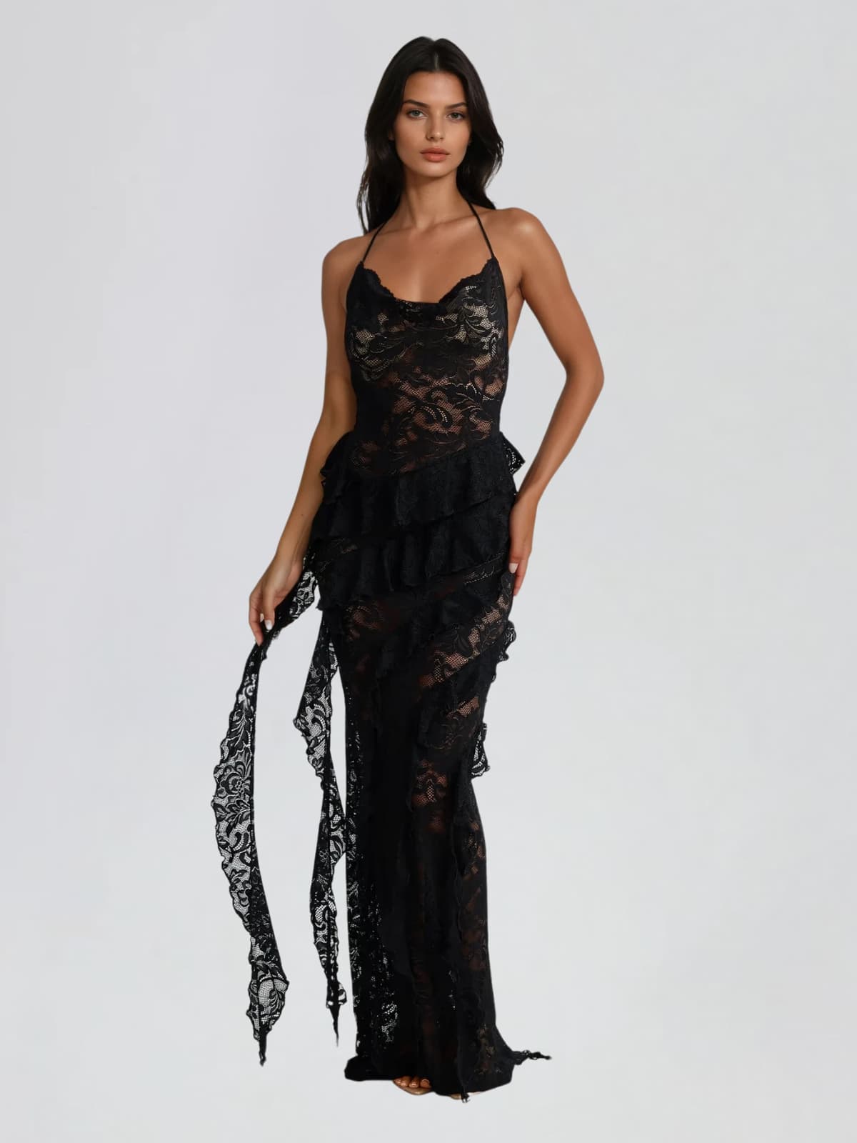 Cyanea Backless Lace Draped Maxi Dress