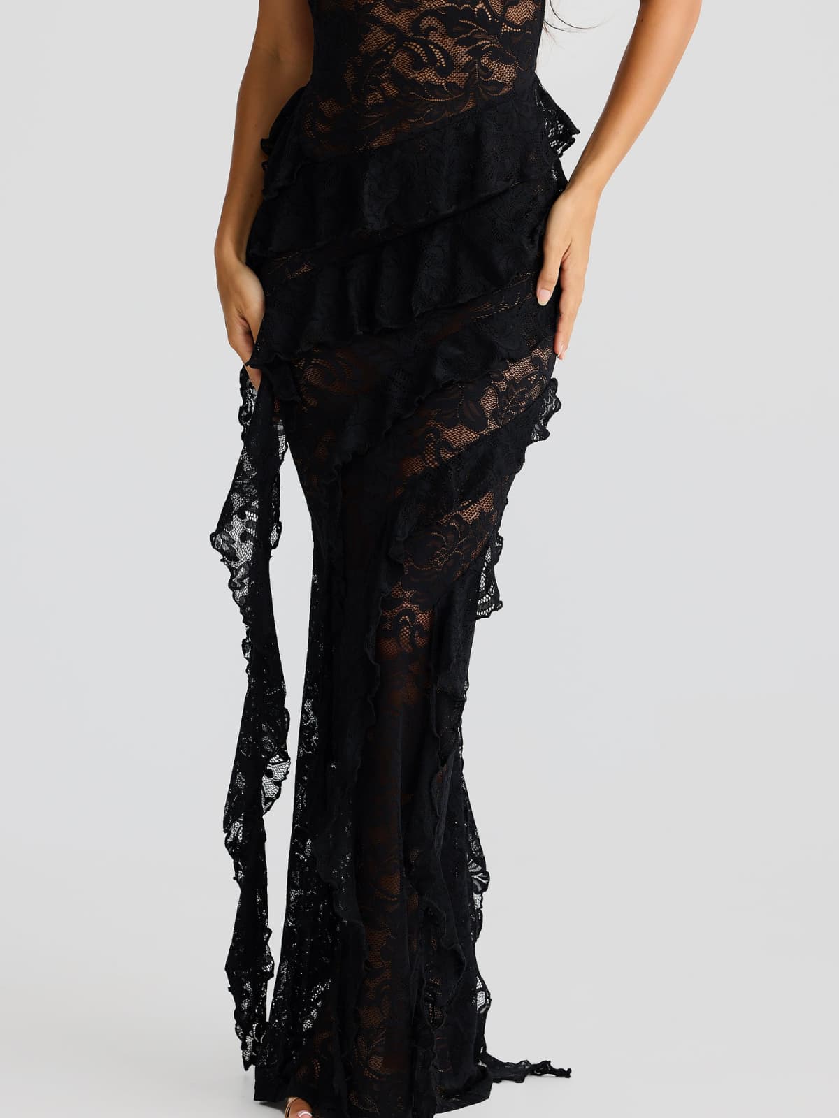 Cyanea Backless Lace Draped Maxi Dress
