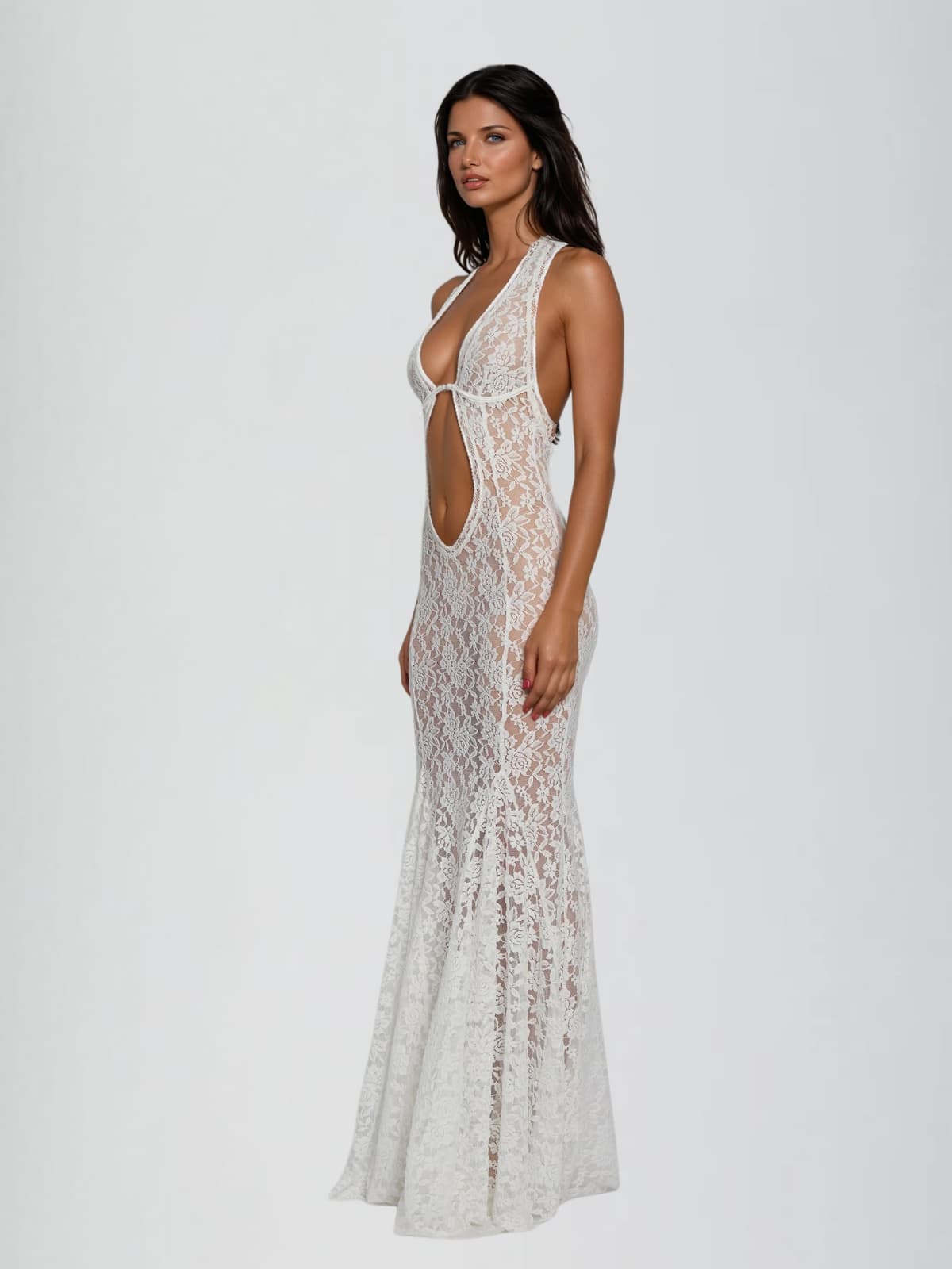 Cygnar Halterneck Lace Cutout Maxi Dress