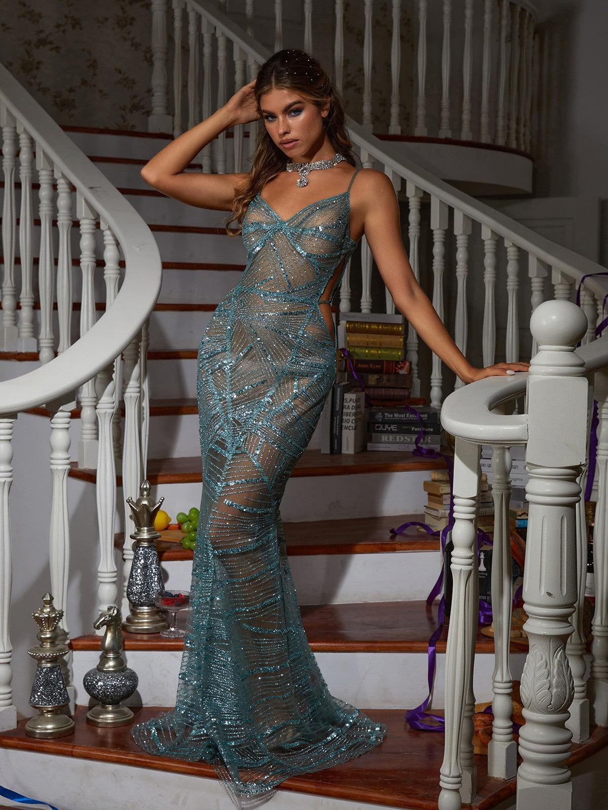Cynthia Spaghetti Sequin Maxi Dress in blue featuring elegant sequin details and spaghetti straps for a glamorous evening look.