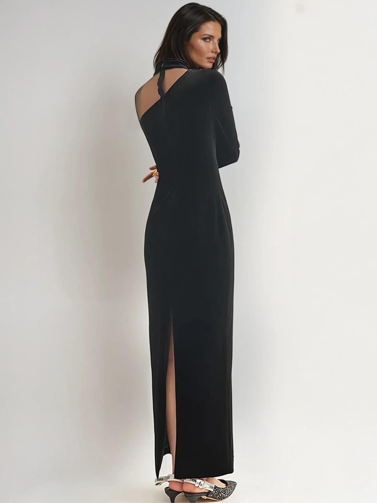 Cyrax Stand Collar Velvet Split Maxi Dress
