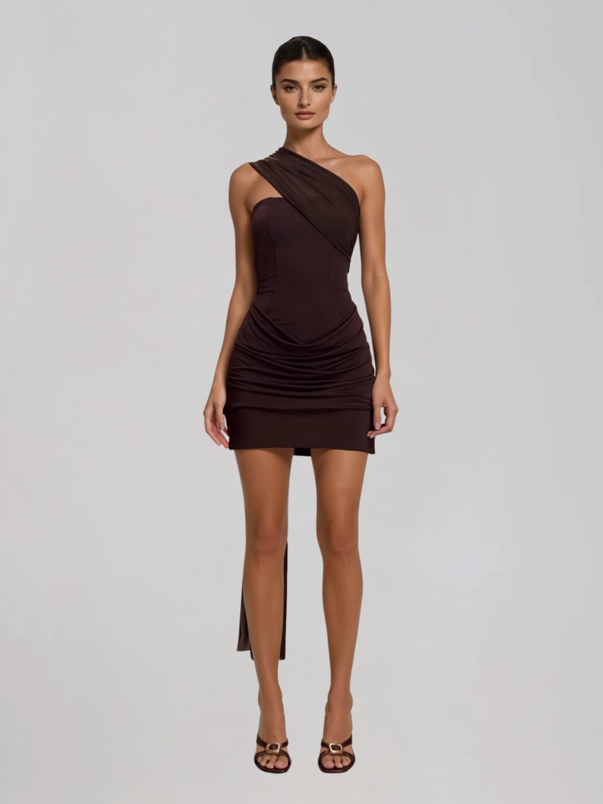 Cyren Ruched Scarf Mini Dress In Coffee
