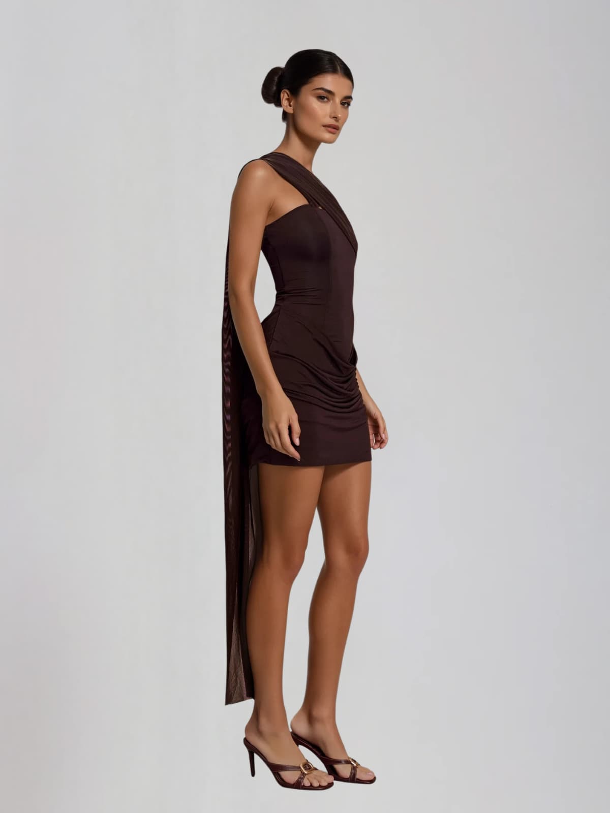 Cyren Ruched Scarf Mini Dress In Coffee