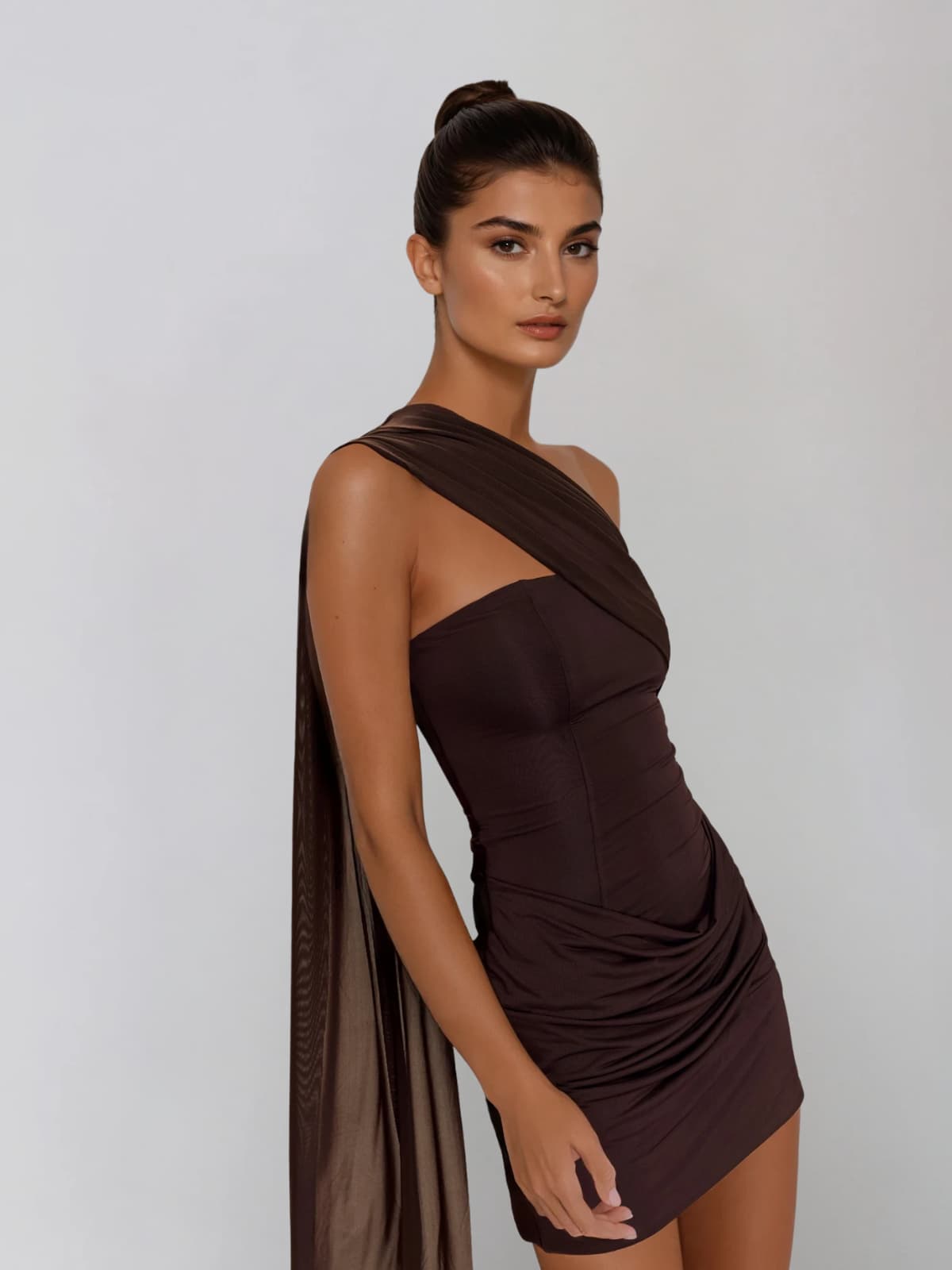 Cyren Ruched Scarf Mini Dress In Coffee