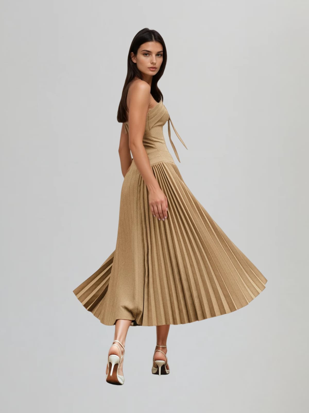 Cyrene Halterneck Tie Pleated Midi Dress