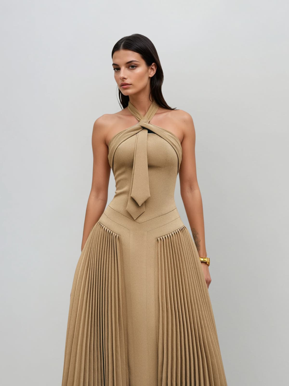Cyrene Halterneck Tie Pleated Midi Dress