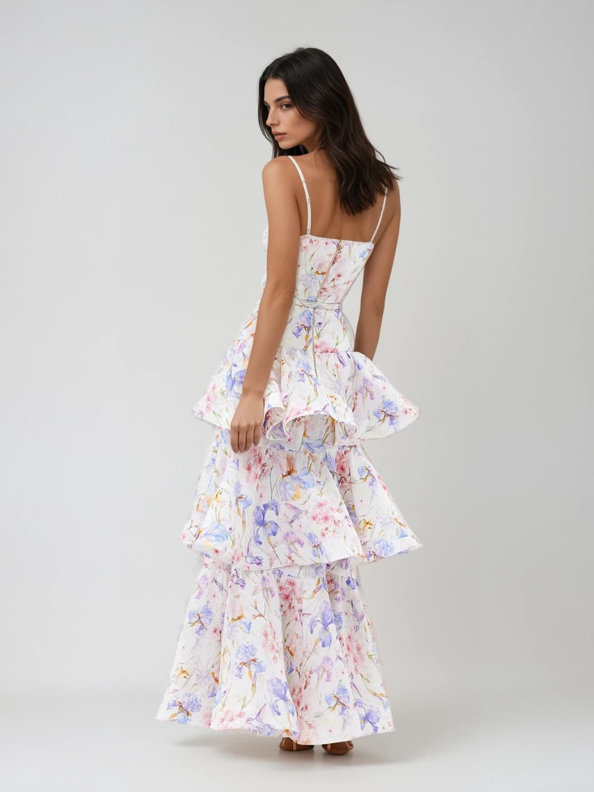 Cyrion Spaghetti Floral Ruffle Tiered Maxi Dress