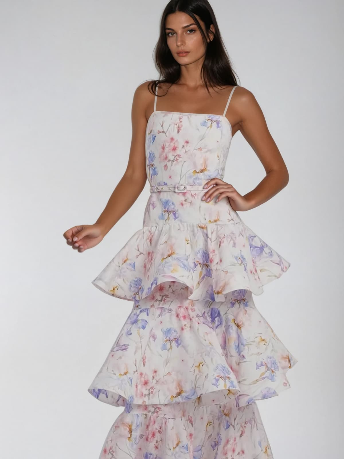 Cyrion Spaghetti Floral Ruffle Tiered Maxi Dress