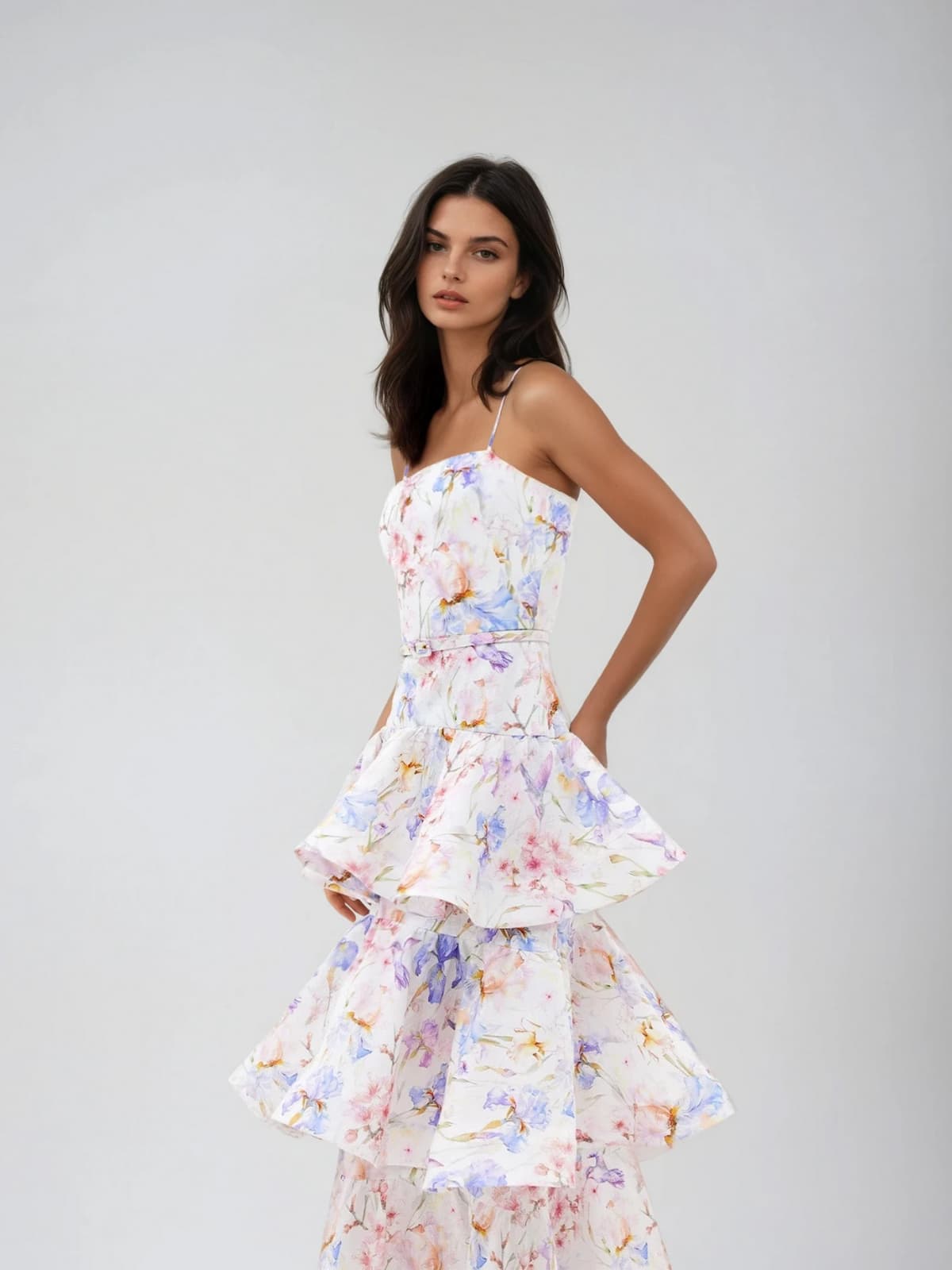 Cyrion Spaghetti Floral Ruffle Tiered Maxi Dress