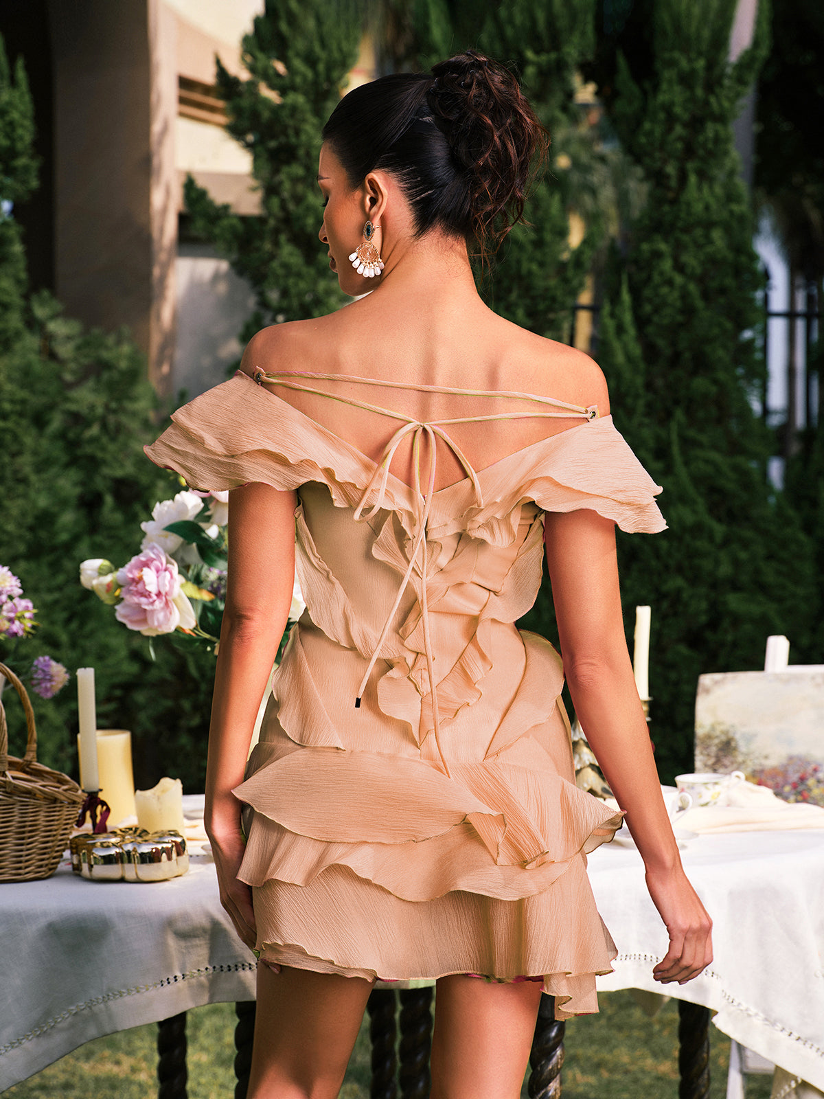 Dabney V Neck Ruffle Mini Dress In Champagne